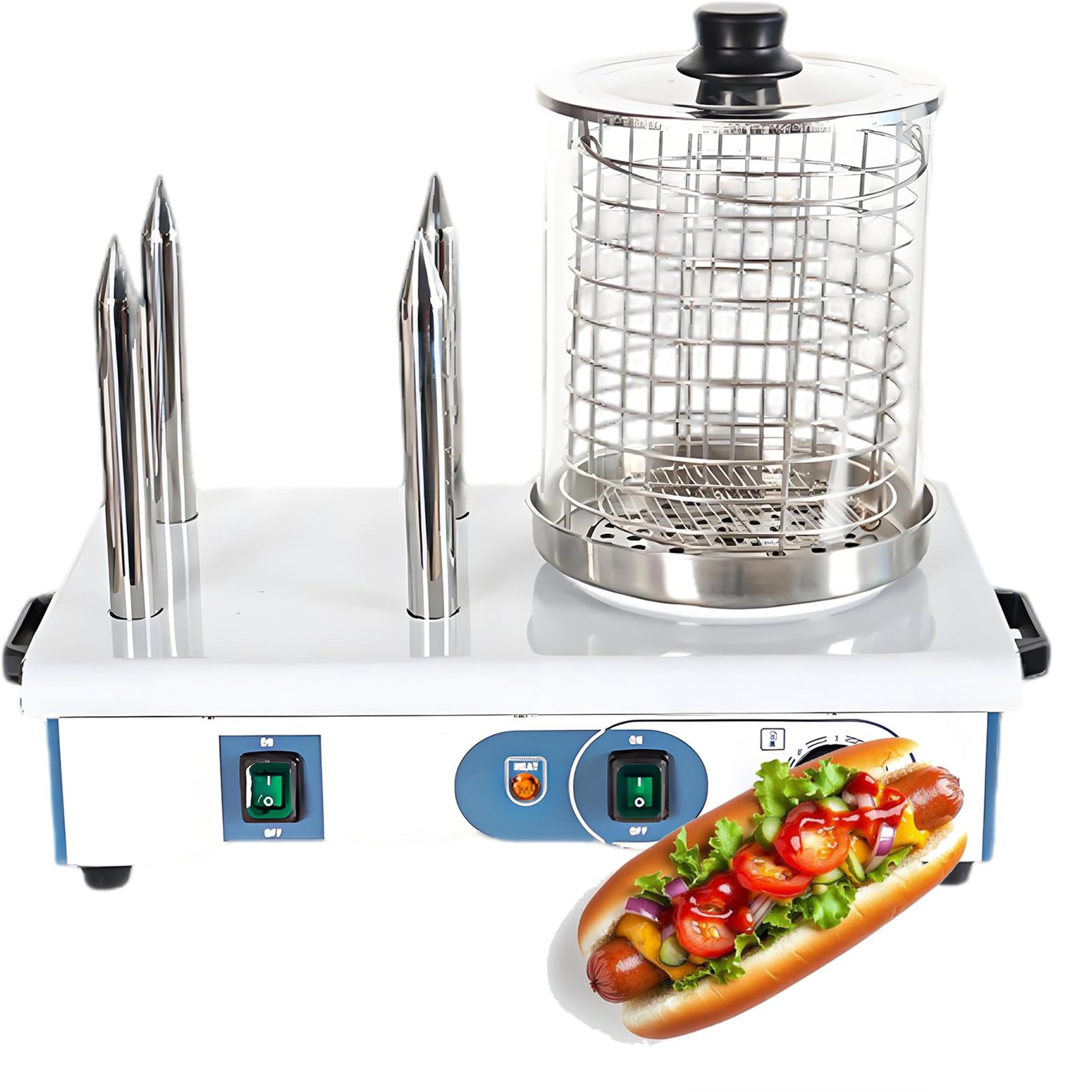 Máquina Eléctrica para Perritos Calientes con 3 o 4 Rodillos y Calentador de Panecillos; Vaporera Comercial y Grill de Contacto para Perritos Calientes, Temperatura Ajustable 4Stick