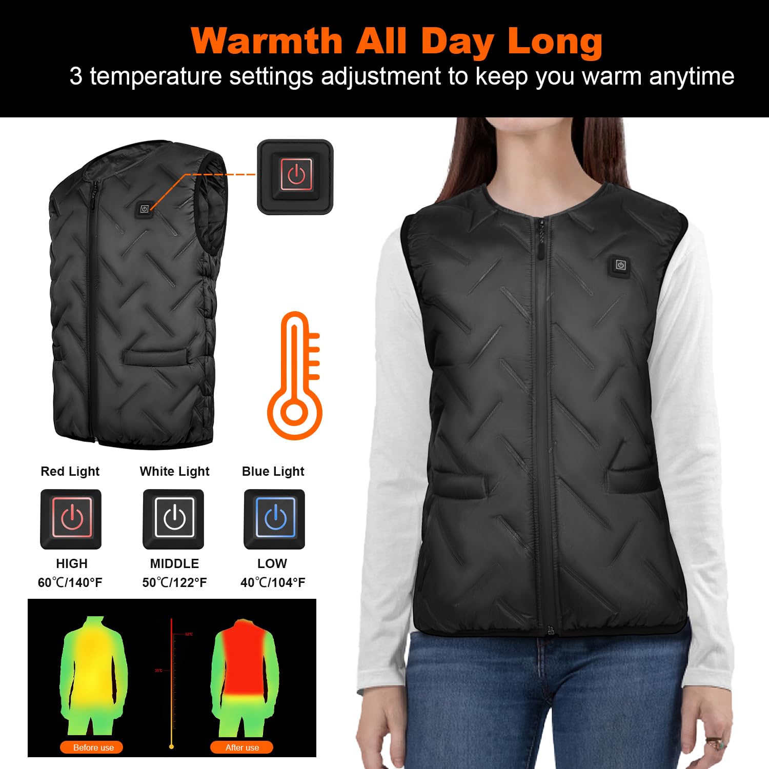 upstartech Gilet Riscaldato Uomo Donna, Moto Giubbotto Riscaldato Elettrico USB Lavabile con 3 Impostazione della Temperatura per All'aperto Lavoro, Pesca, Caccia e Campeggio (Senza Batteria)