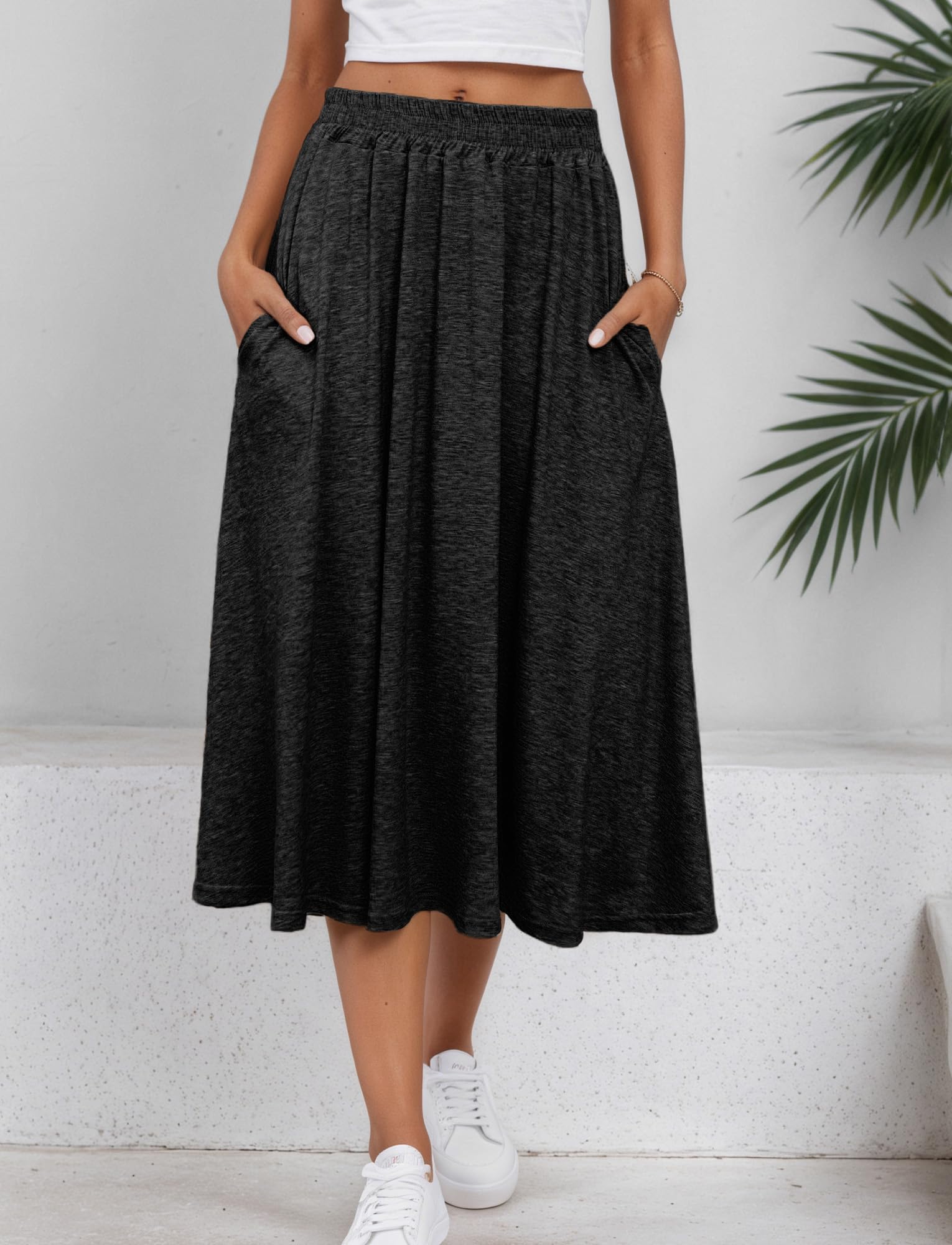Jupes pour Femmes Jupe Mi-Longue Haute Taille Élégante Jupes de Sport Décontractée Unie avec Poches A-Ligne Jupe Plissée Taille Élastique
