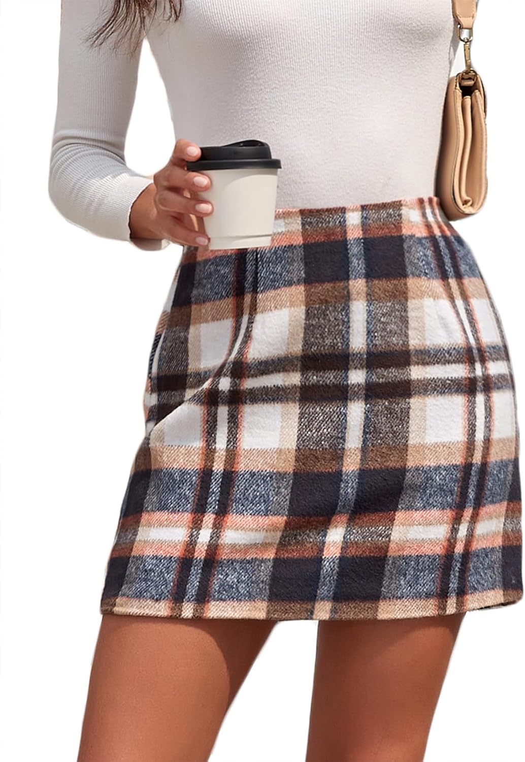 CYCLAMEN Women's Plaid Skirt High Waisted Bodycon Pencil Mini Midi Skirts 2024 Fall Winter A Line Wool Skirt X-Large A Navy Blue & Brown