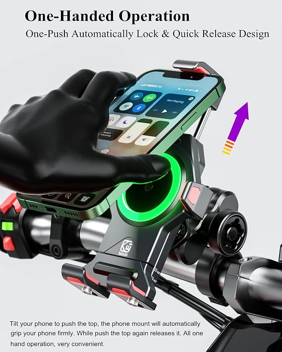 BRCOVAN Aluminum Alloy Motorcycle Phone Mount with Qi 15W Wireless Charger