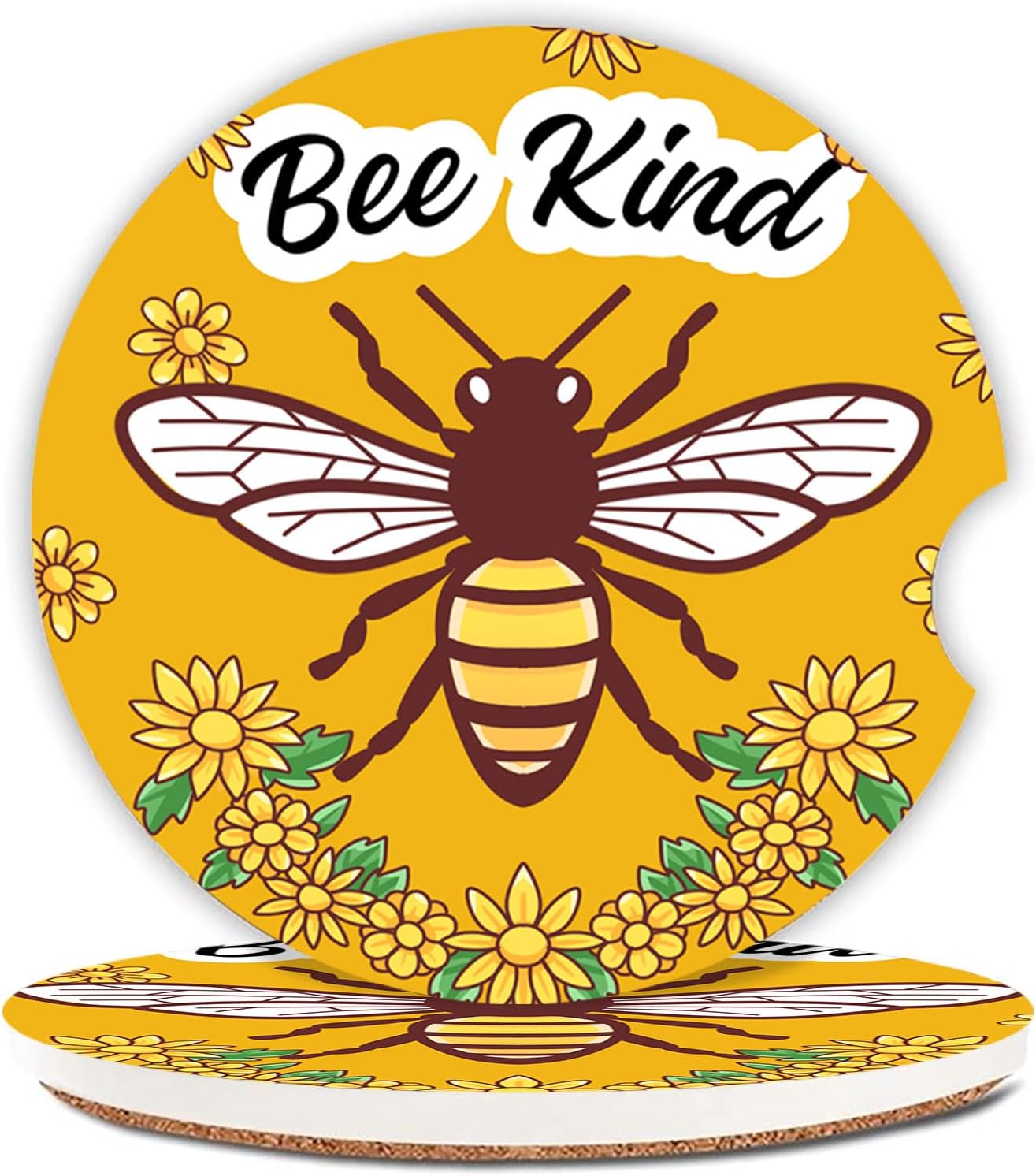 2 Pcs Cute Bee Car Coasters,Ceramic Cup Holder Coasters with a Finger Notch,2.56" Ceramic Stone & Non-Scratch Cork Base,Car Accessories for Women&Man.