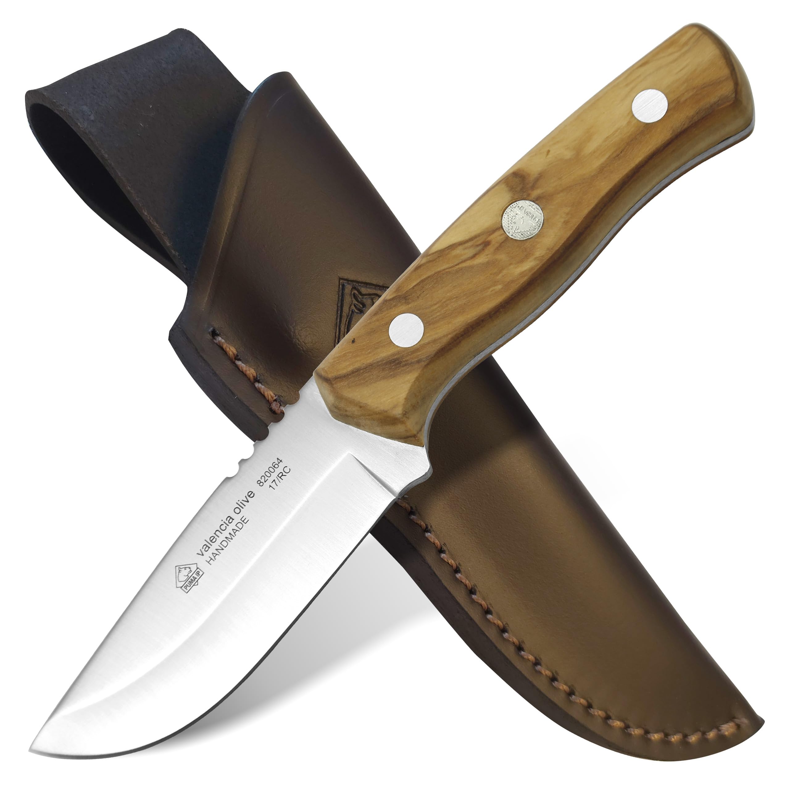 PUMA IP – Valencia Olive - Feststehendes Jagd & Outdoormesser - 88mm robuste Full-Tang-Klinge aus deutschem Stahl (1.4116, 55-57 HRC) - Griff aus Olivenholz – mit Sattellederscheide (Art.Nr.: 820064)