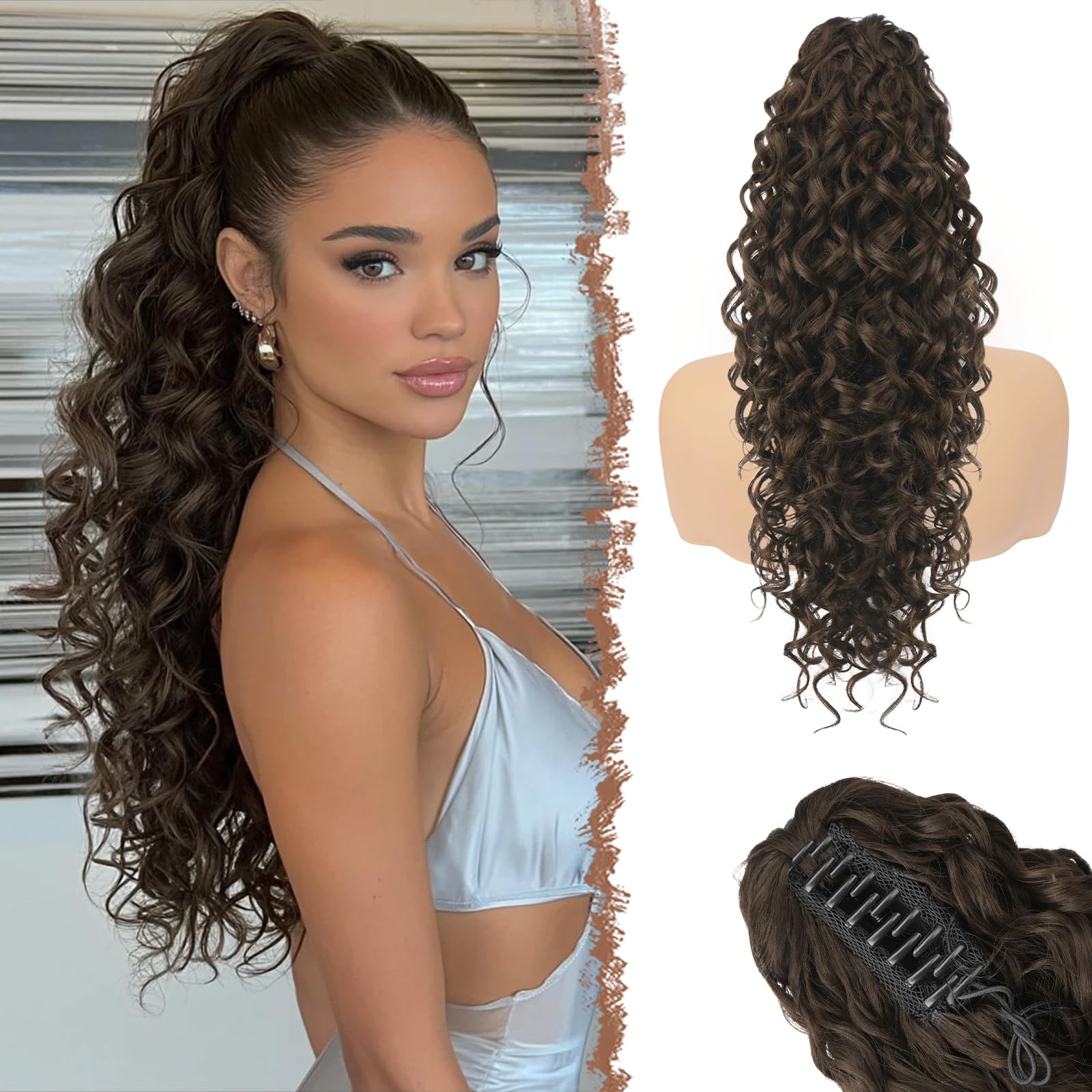 FESHFEN Queue de Cheval Bouclée avec Pince - Postiche Cheveux Brun Foncé Naturel Longue Ondulées Postiches Synthétique Fausse Claw Clip Ponytail Extensions pour Femmes, 65 cm