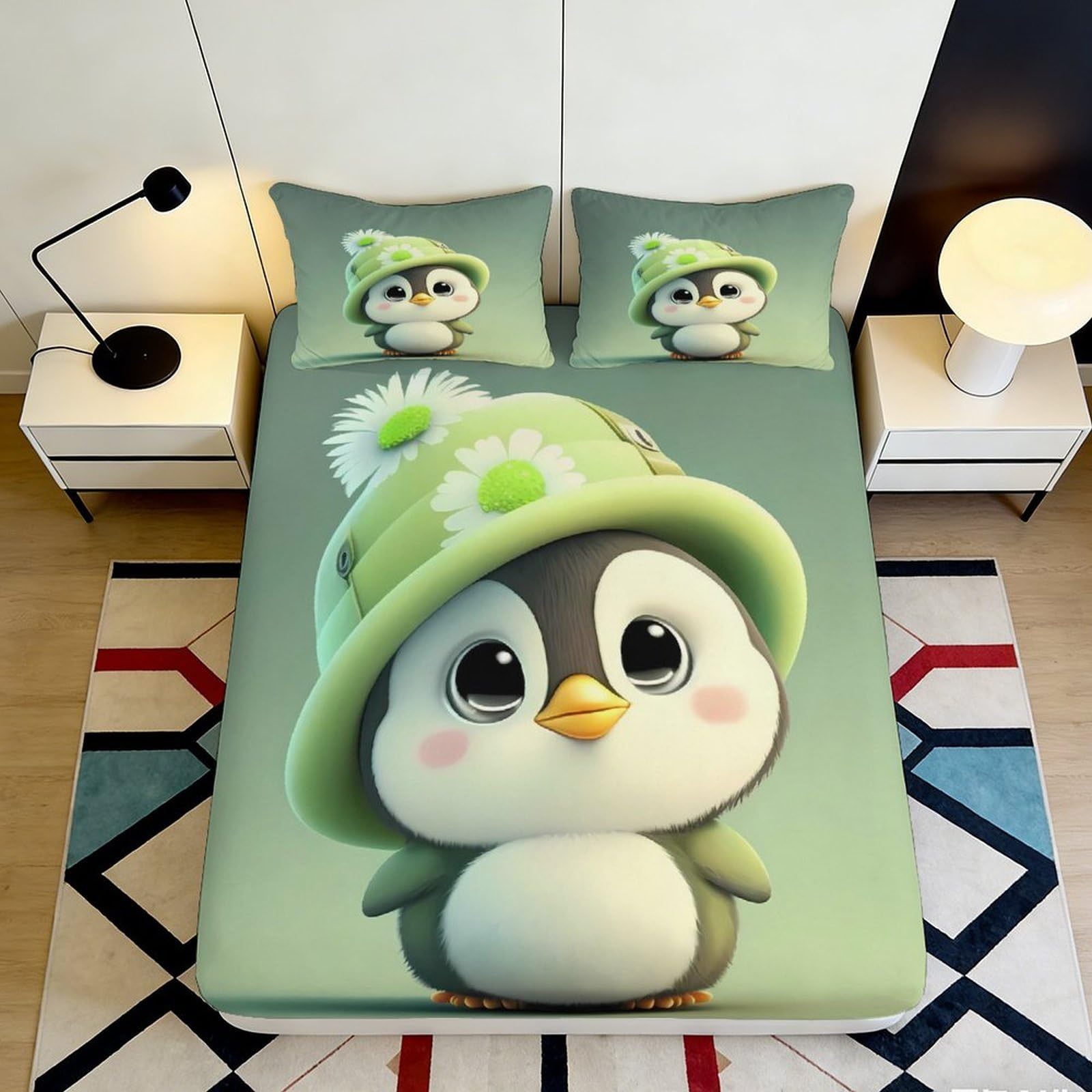 3D Printed Cute Penguin Fitted Sheet Microfiber Soft Green Cartoon Animal Bed Cover for Bedroom Guest Room Decor 90x200x25cm
