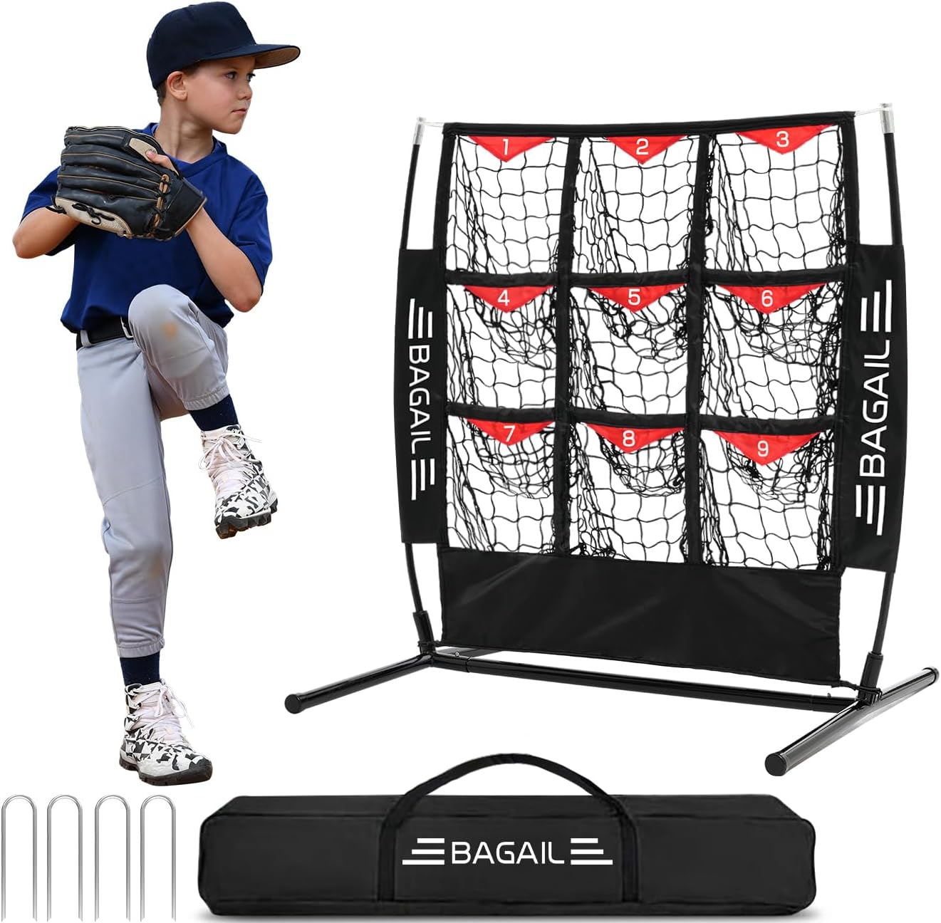 BAGAIL Baseball and Softball Pitching Net, 9 Pocket Pitching Net, Portable Pitching Target Net for Backyard with Carry Bag