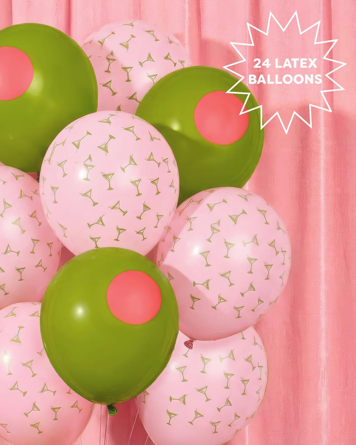 xo, Fetti Dirty Martini Latex Balloons - 24 pk, 12" | Olive Cocktail Decorations, Pink Bachelorette Party Decor, Tini Bit Older Birthday Supplies