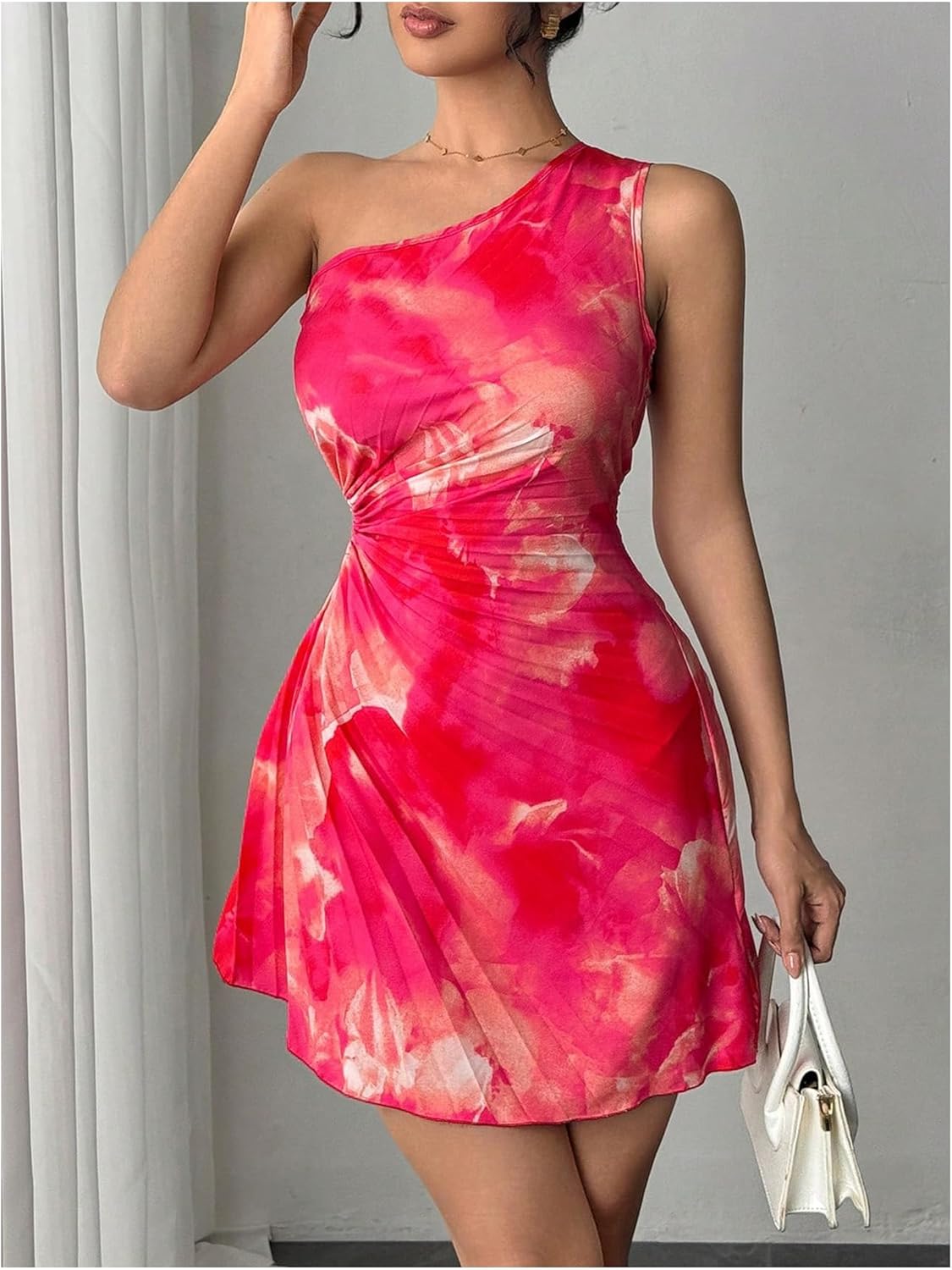 OYOANGLE Women's Tie Dye One Shoulder Mini Dress Pleated Cut Out Summer Short Dresses - Image 5