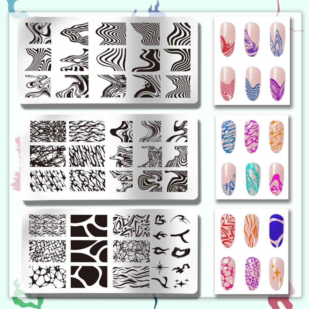 PH PandaHall 3pcs Line Texture Nail Art Templates, 55 Patterns Flow Line Nail Stamping Plate Wave Texture Nail Art Stencils Stainless Steel Nail Image Plates for Nail Design Print Manicure Salon