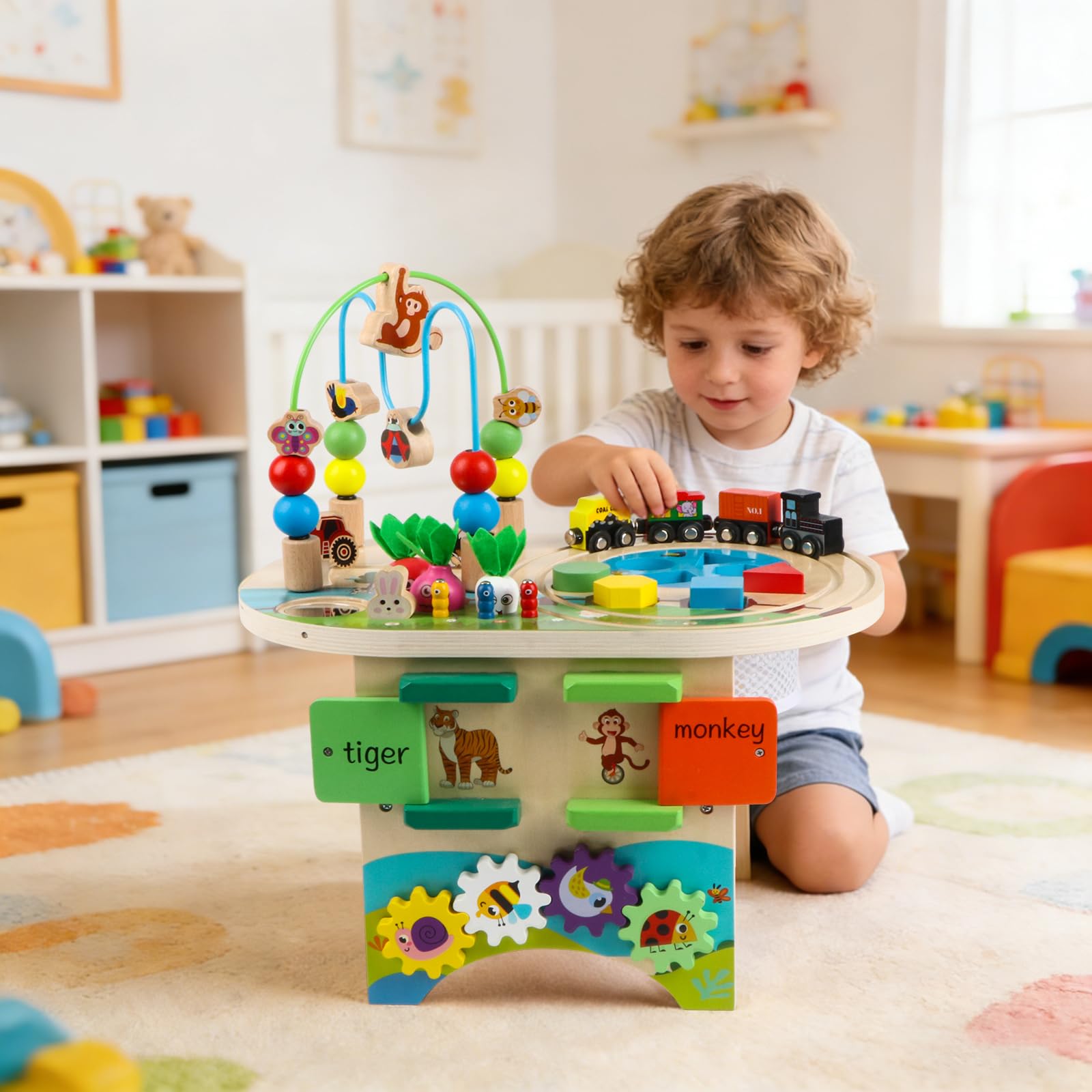 Mesa de Madera con Laberinto de Bolas y Pista de Tren Juguetes Educativos para Niños y Niñas