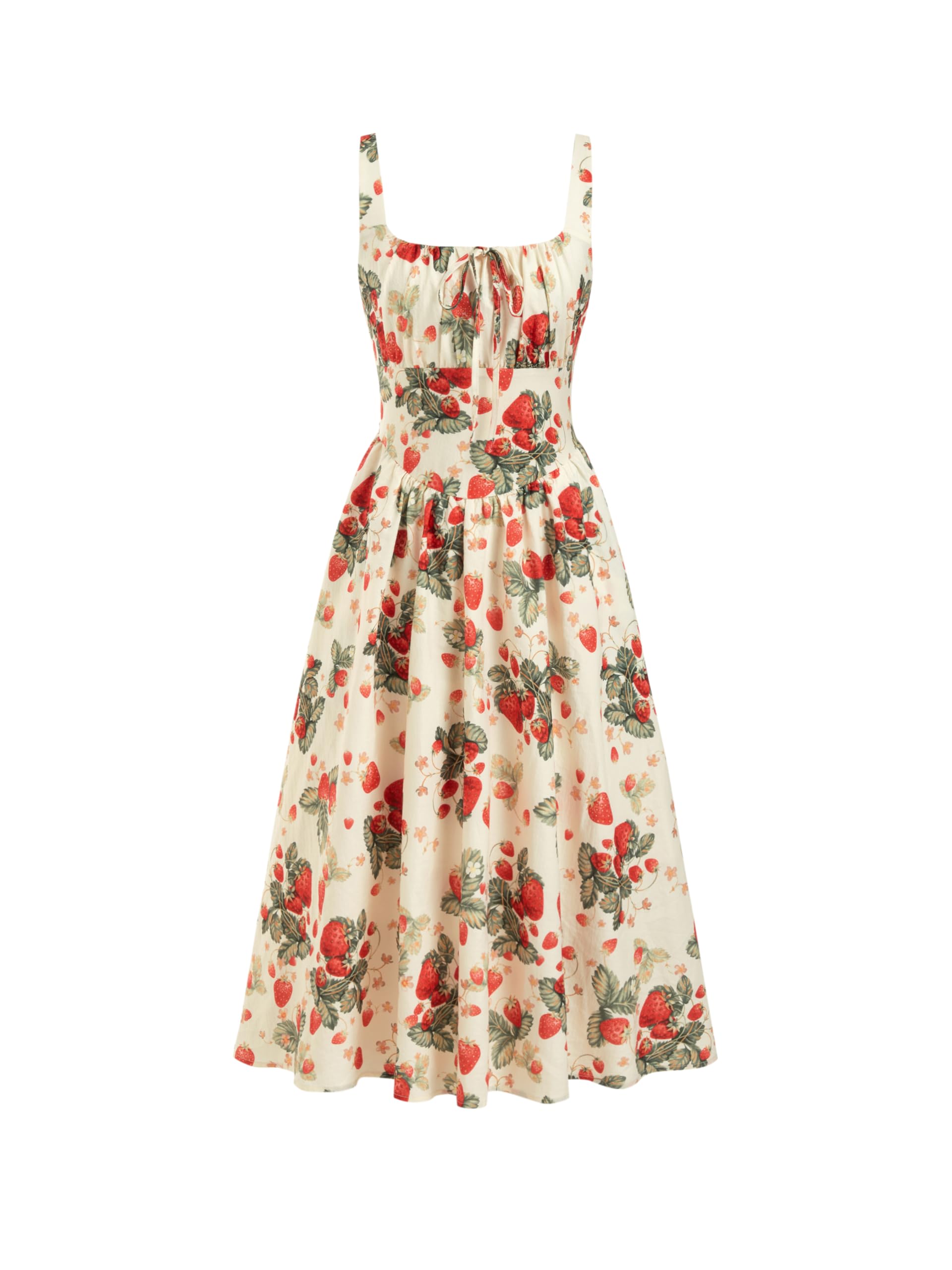 CIDER Damen-Maxikleid mit Erdbeer-Blumenmuster, ärmellos, quadratischer Ausschnitt, fließendes Milchmädchen-Kleid, Cottage-Kern, trendige Sommer-Outfits