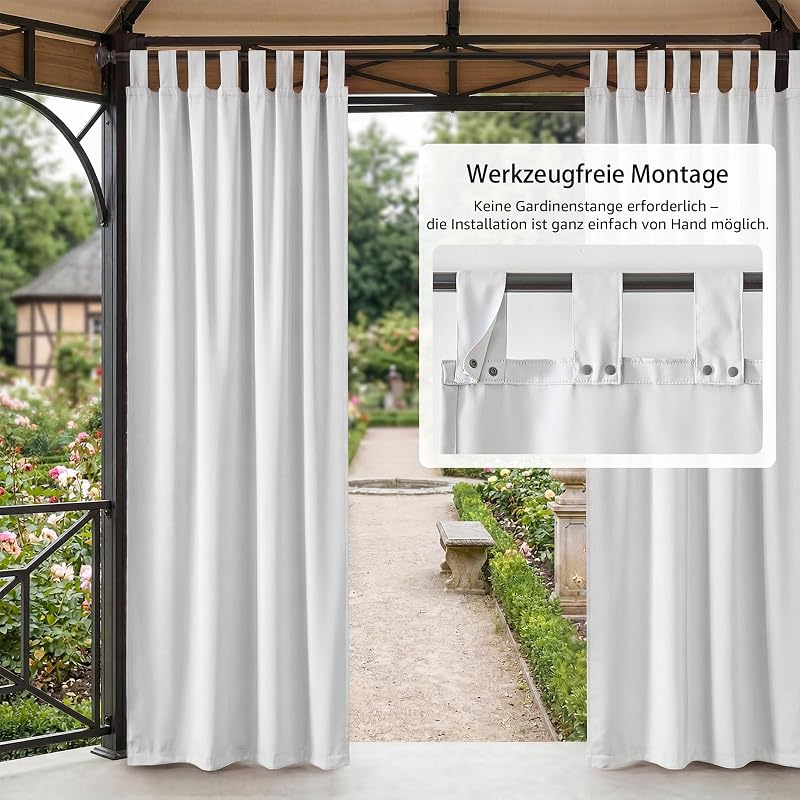 TOPICK set 2 perdele exterioare impermeabile cu bride, alb, 132 x 275 cm, pentru pergolă, potrivite și pentru interior, terasă, balcon, protecție pentru intimitate