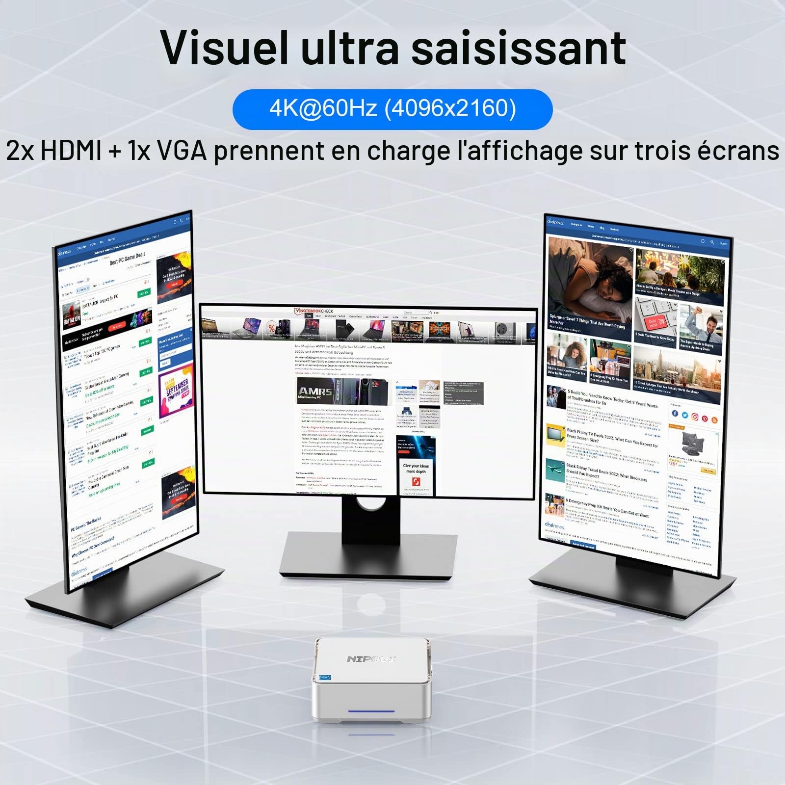 NiPoGi Mini PC Ιntel Celeron N5105 (jusqu'à 2,9 GHz), 12 Go RAM, 256 Go M.2 SSD Mini Ordinateur pour l'école/Bureau, Triple Affichage 4K UHD, 2X HDMI + VGA, Wi-FI 5, Ethernet Gigabit.