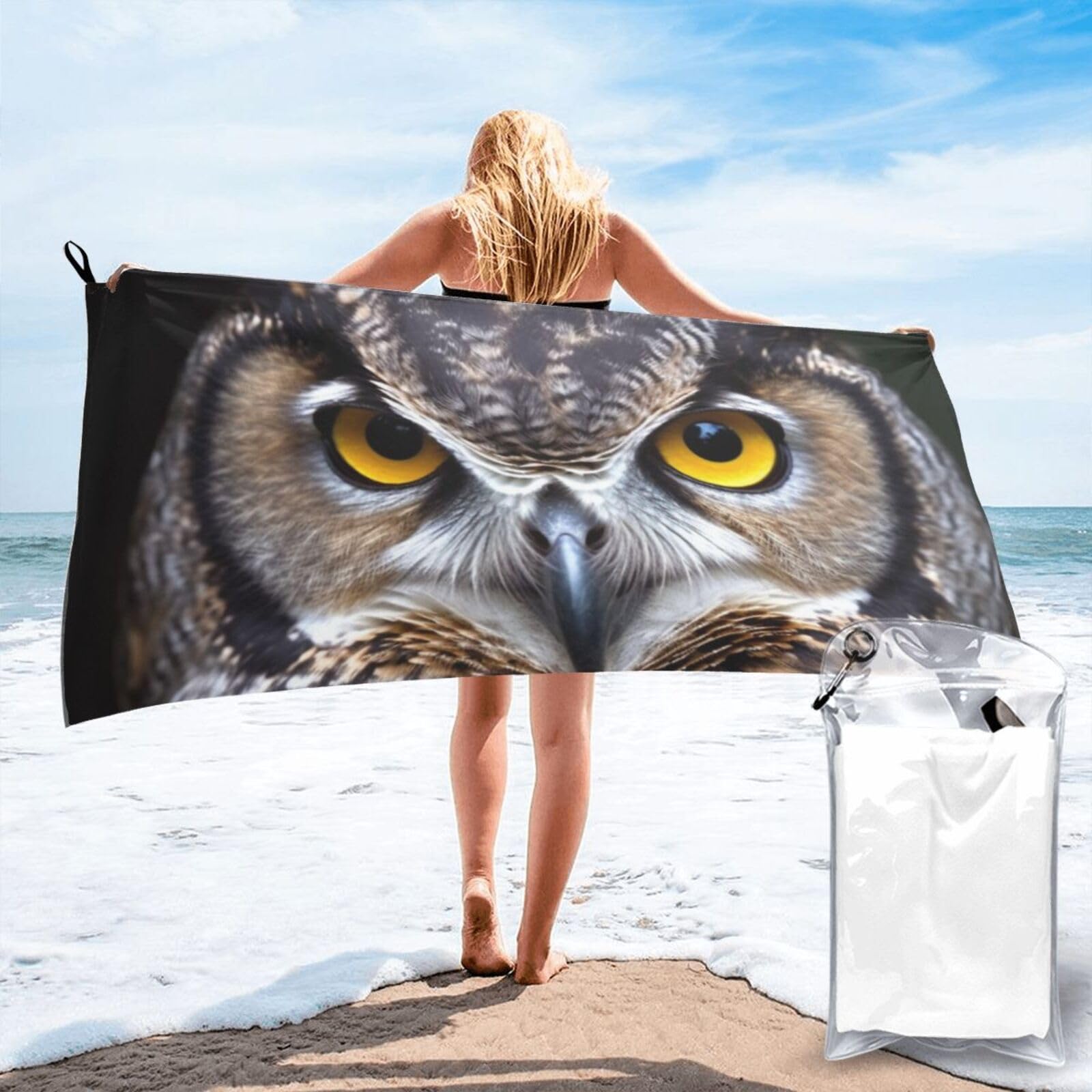 DWVTSLH Microfiber Sand Free Beach Towel 31.5"x63", Quick Dry Absorbent Travel Towel Large Camping Blanket, Yellow Eyed owl Bath Towels Lightweight Pool Swim Towels for Vacation Essentials
