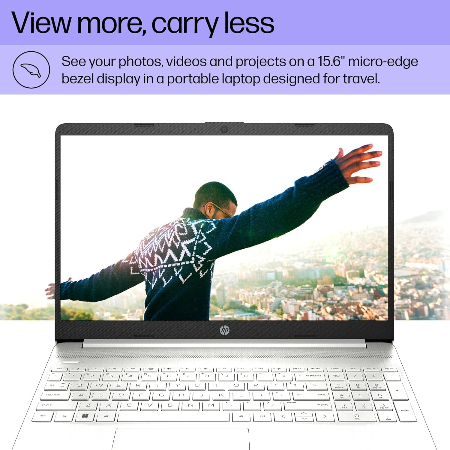 HP 15 Laptop with a vibrant image on its micro-edge display, emphasizing portability