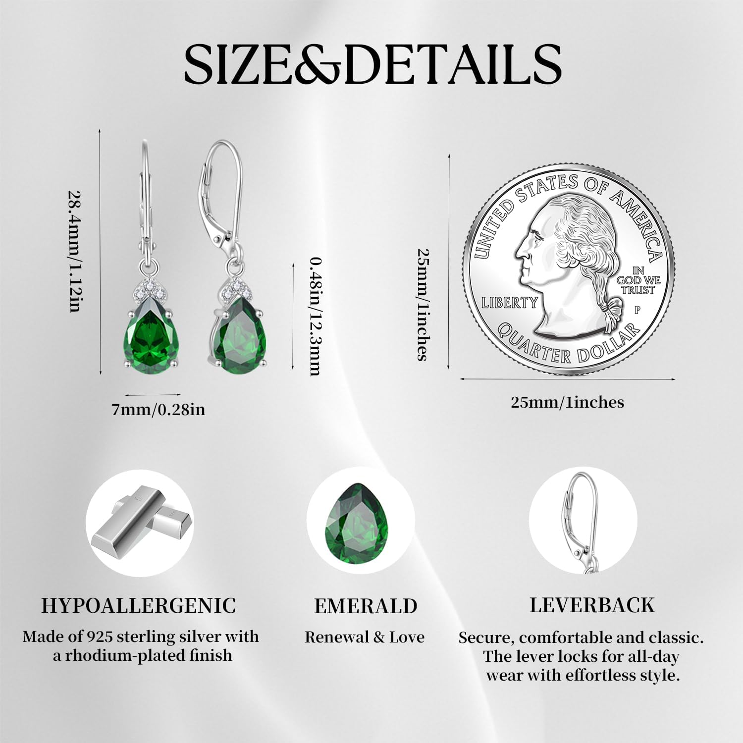 Women Earrings,925 Sterling Silver Dangle Drop Leverback Earrings with 5A Cubic Zirconia Birthstone for Her - Image 6