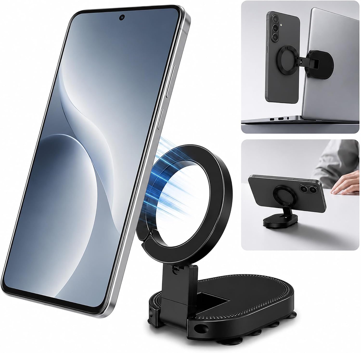 3-in-1 Magnetic Phone Holder, Foldable Suction Cup Phone Mount Stand with 360° Rotation, Portable Magnetic Cell Phone Stand for Car Dashboard, Desk, Kitchen, Gym, Office