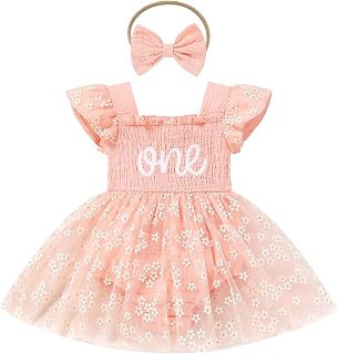 ODASDO Baby Girls First Birthday Outfit Sqaure Neck Ruffle Fly Sleeve Tulle Tutu Romper Dress with Bowknot Headband