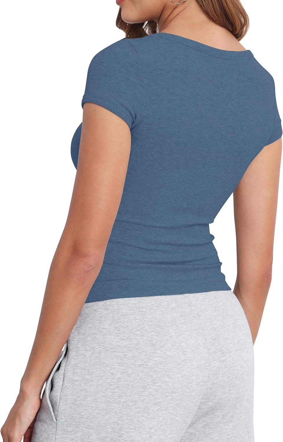 Artfish Women's Short Sleeve T-Shirts Form Fitting Ribbed Knit V Notch Scoop Neck Basic Crop Top - Image 2