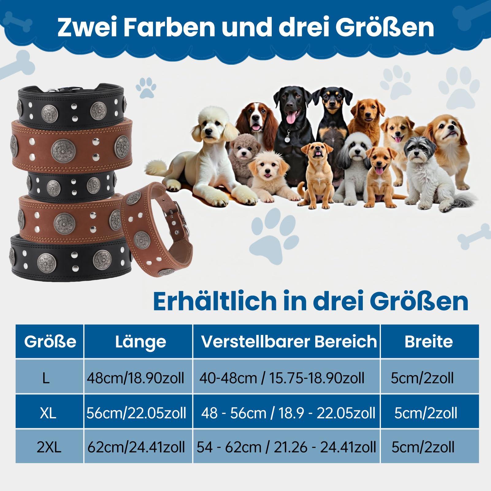 Lederhalsband Hund, 5cm Hundehalsband Leder Breit Robustes Echtes, Handgefertigt, Einstellbar Hunde Halsbänder Mit Metallschnalle, Halsband Hund Breit Für Große Und Mittelgroße Hunderassen L