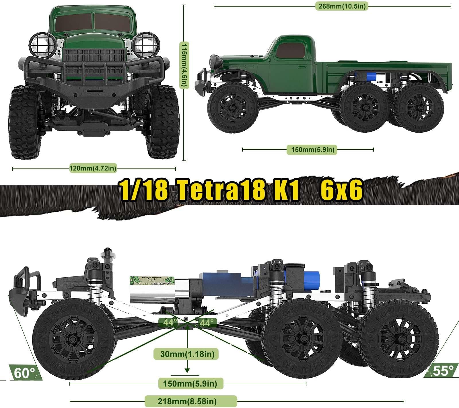 PANDA HOBBY RC Crawler 1/18 RC Rock Crawler 6x6,6WD Off Road RC Cars for Adults,1:18 Scale RC Truck Cruiser Vehicle，RTR Remote Control Car,All Terrains Waterproof Hobby RC Model Car,Tetra18 K1,Green