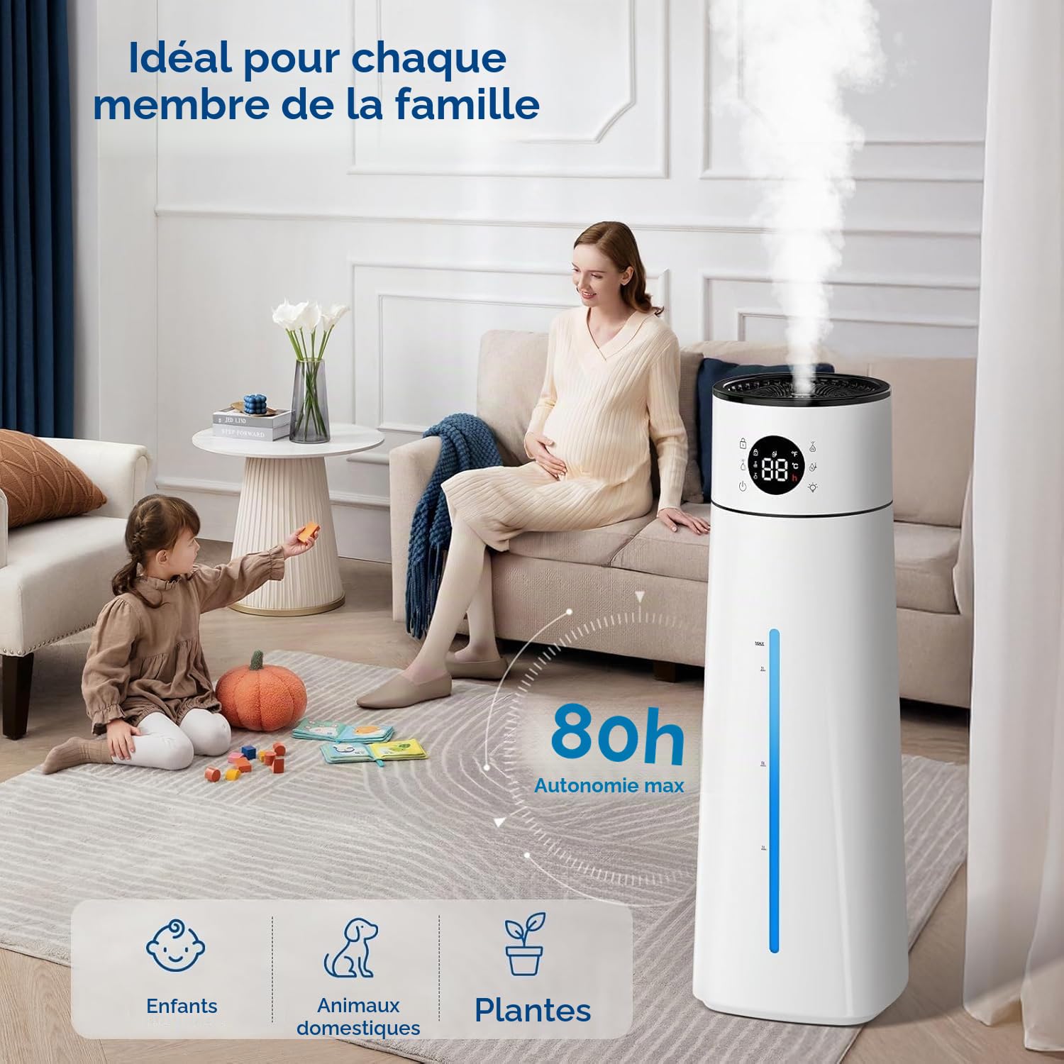 8L Humidificateur d'Air Chambre Top-Fill, 28 dB Ultra Silencieux/80H d'Autonomie/Minuterie 24 H, Veilleuse pour Bébés et Plantes, Large Humidificateur à Ultrasons 10 Niveaux de Brume pour Bureau