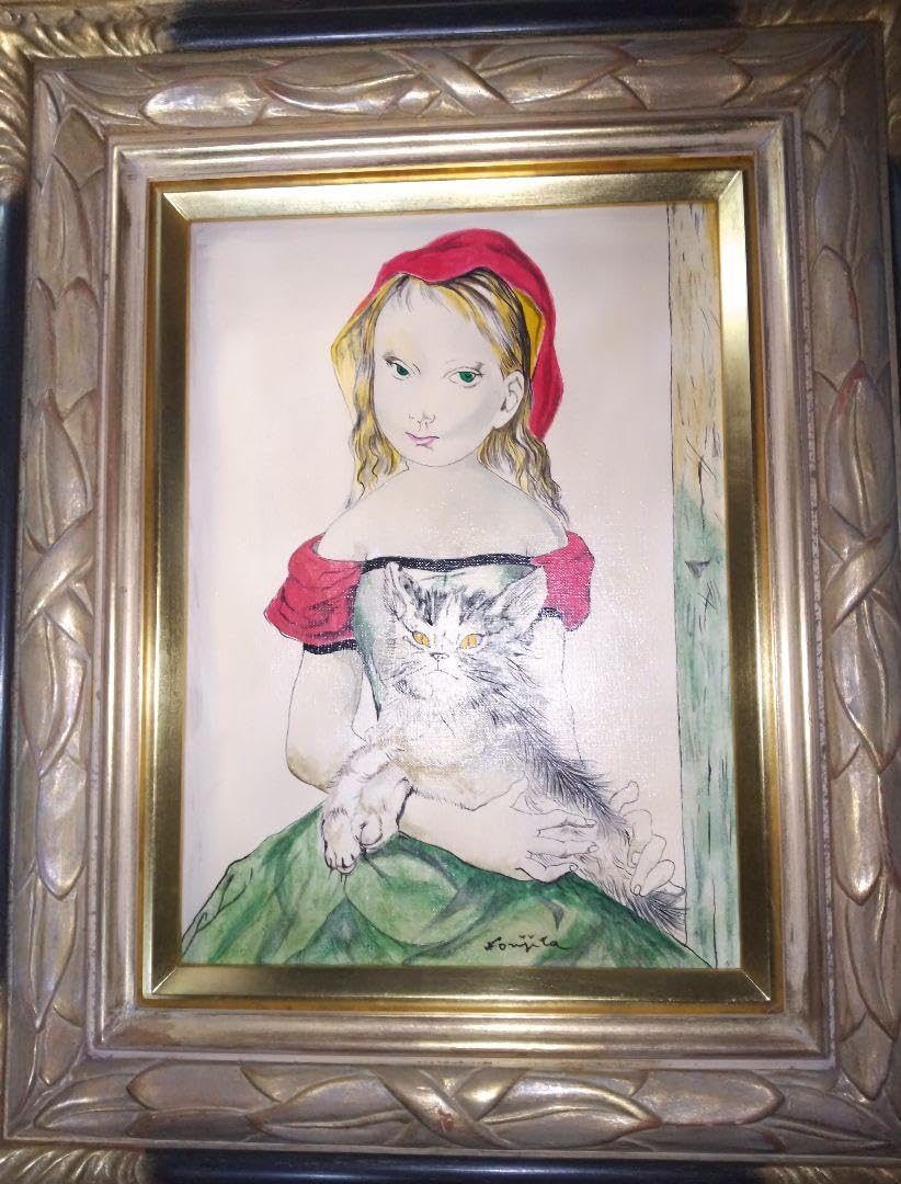 Amazon.co.jp: 藤田嗣治、絵画、油彩4号、猫を抱く少女、高級額縁、黄
