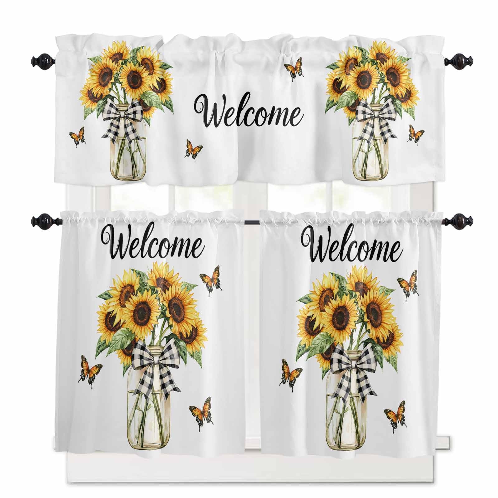 Spring Sunflower Kitchen Curtains 36 Inch Length, 3 Piece Rod Pocket Small Half Tiers and Valance Set, Bow Vase Yellow Butterfly Painting Small Large Window Treatment Decor for Bedroom/Bathroom Sink