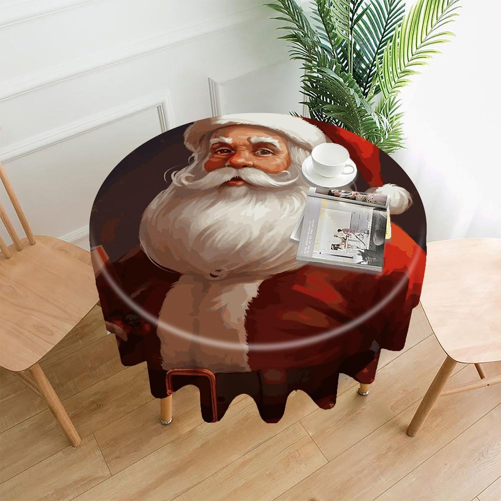 FekiLoot Santa Claus Round Tablecloth Cover 60 Inch Wrinkle Free Washable Polyester Fabric Table Cover Decorative Round Table Cloth for Home Dining Kitchen Party Farmhouse