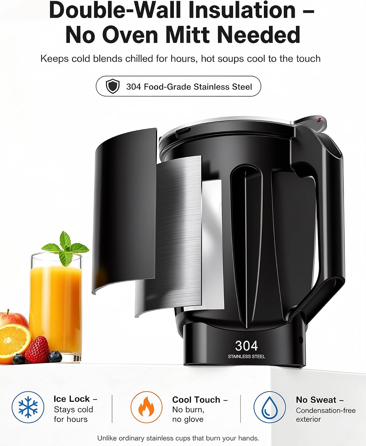 Stainless Steel Blender, 3.5HP Heavy Duty Professional Blender with 72oz Double-Wall 304 Thermal Jar (No Sweat, Cool-Touch), Smart Memory 10 Speeds for Smoothie, Milkshake, Hot Soup & Frozen Drinks