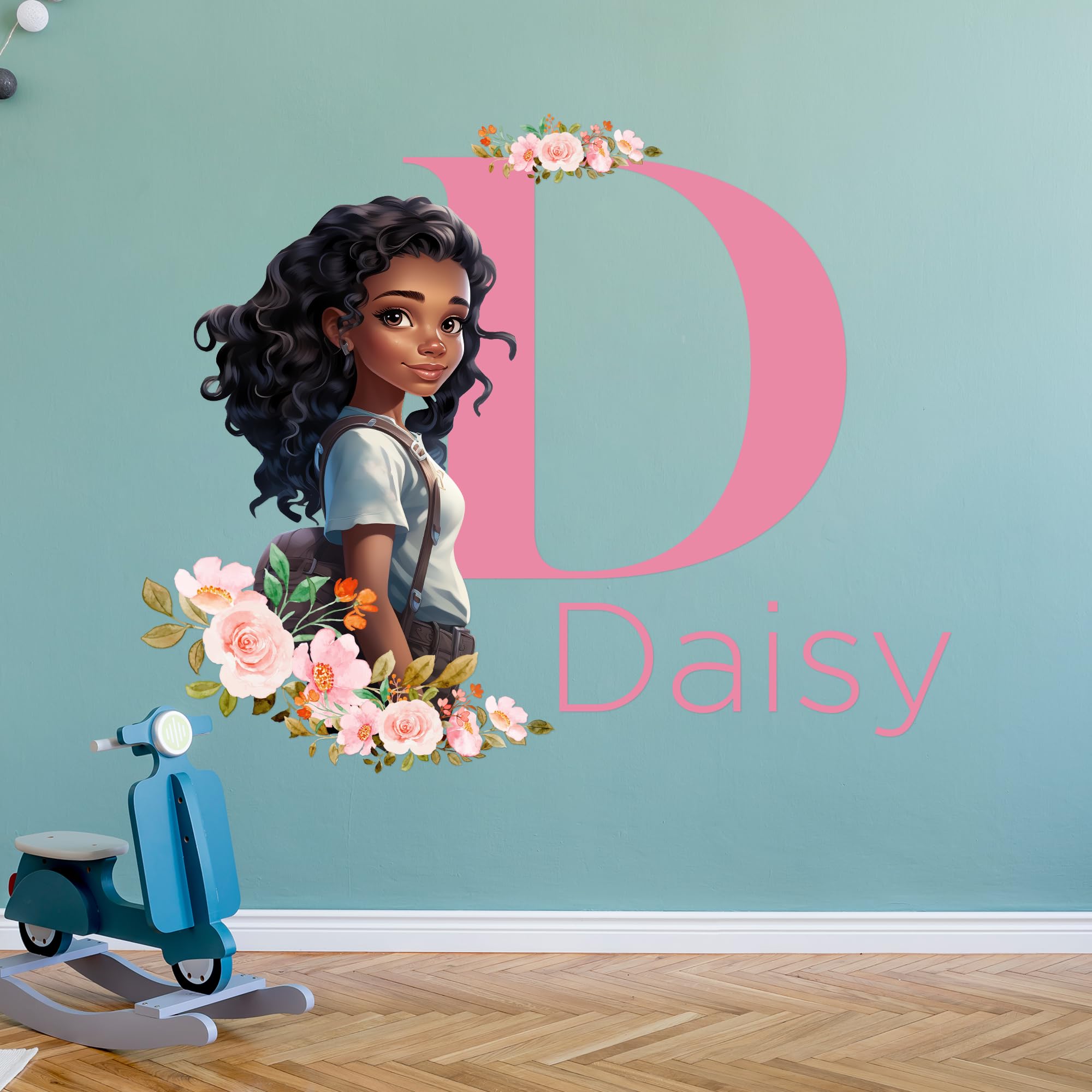 EGD Custom Name & Initial for Girl's Bedroom Decor - Aesthetic Black Girls Room Decorations - Floral Wall Decals - Multiple Customization Options (3)