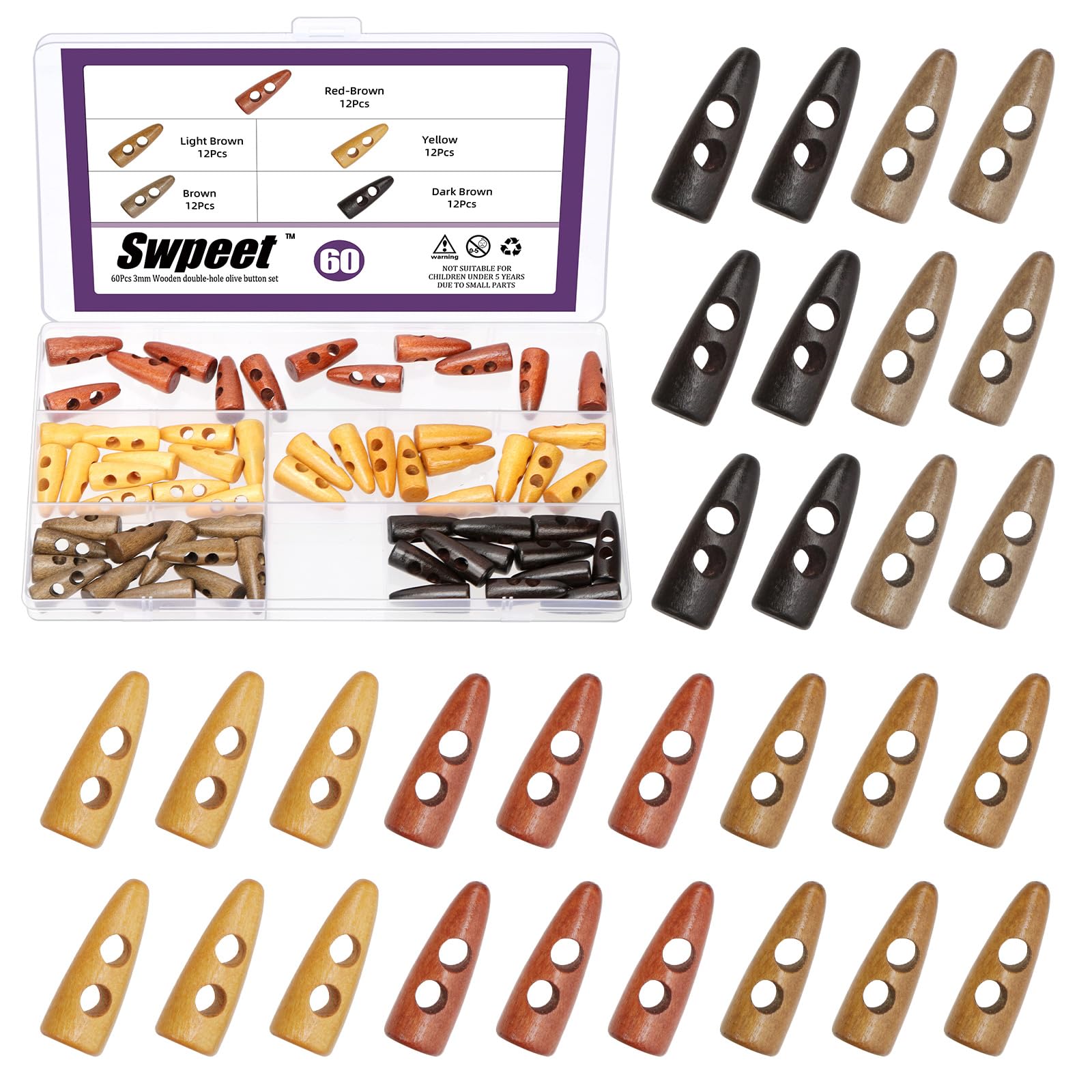 Swpeet 60Pcs 5 Colors 5mm Hole Wood Horn Toggle Buttons Assortment Kit, Horn Shape 2 Holes Toggle Buttons, Craft Wooden Sewing Button, DIY Accessories Vintage Olive Buckle for Clothing Scrapbooking