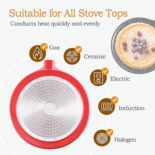 Miniatura 3 de ROSSETTO - Sartén antiadherente para crepes de Francia, sartén para panqueques con revestimiento de cerámica roja de 11 pulgadas con esparcidor, sin