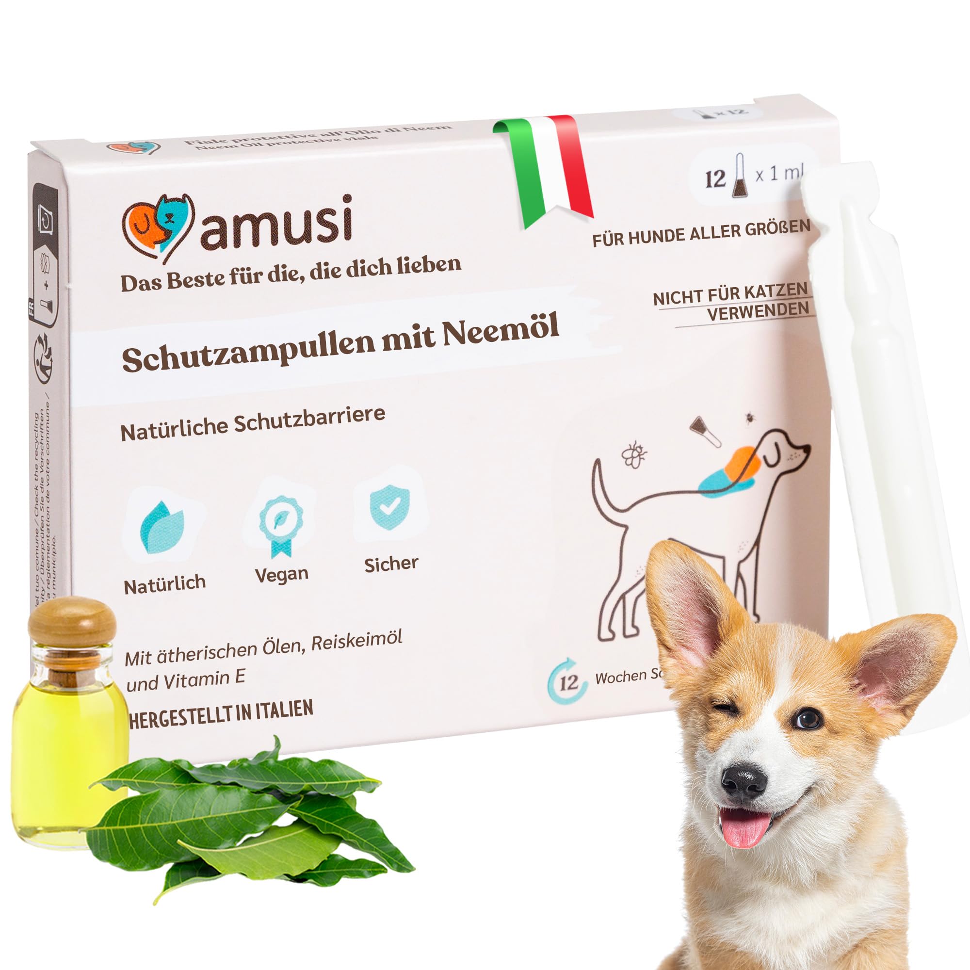 amusi Schutzampullen mit Neemöl für Hunde - 12 Ampullen zu je 1 ml - Gegen Zecken, Flöhe, Mücken, Läuse - Lang Anhaltender und Natürlicher Schutz mit Schild-Effekt
