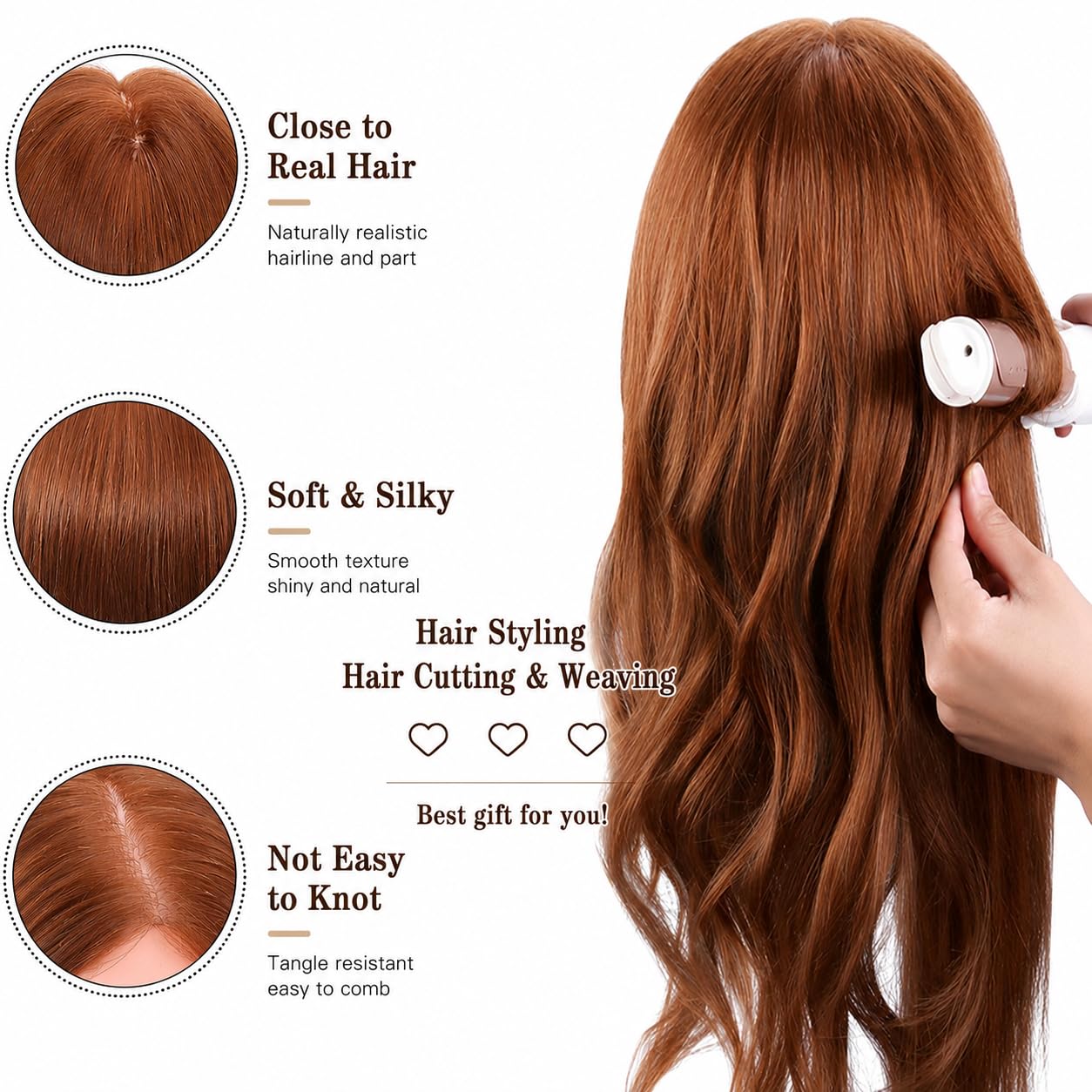 Yofuly Friseur-Trainingskopf, 45,7 cm, 100 % Echthaar, Manikin-Kosmetologie-Puppenkopf zum Flechten und Haarstyling, Übungskopf mit Tischklemme + DIY-Zopf-Set (braun)