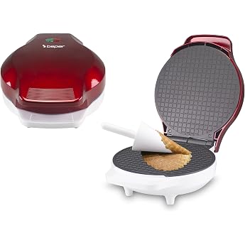 BEPER P101CUD002 Electric Waffle Iron 1000 W Waffle Iron for Cones 18 cm Heat-Insulating Handle Cone Accessories Included White / Red