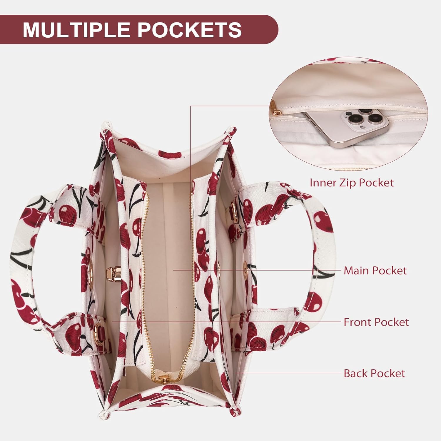 Small Tote Bag for Women Cherry Tote 26 Cute Canvas Hobo Handbag Coquette Crossbody Purse - Image 5