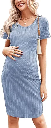 Ekouaer Maternity Dress Rib Knit Short Sleeve Bodycon Dresses Casual Stretchy Pregnancy Clothes S-XXL