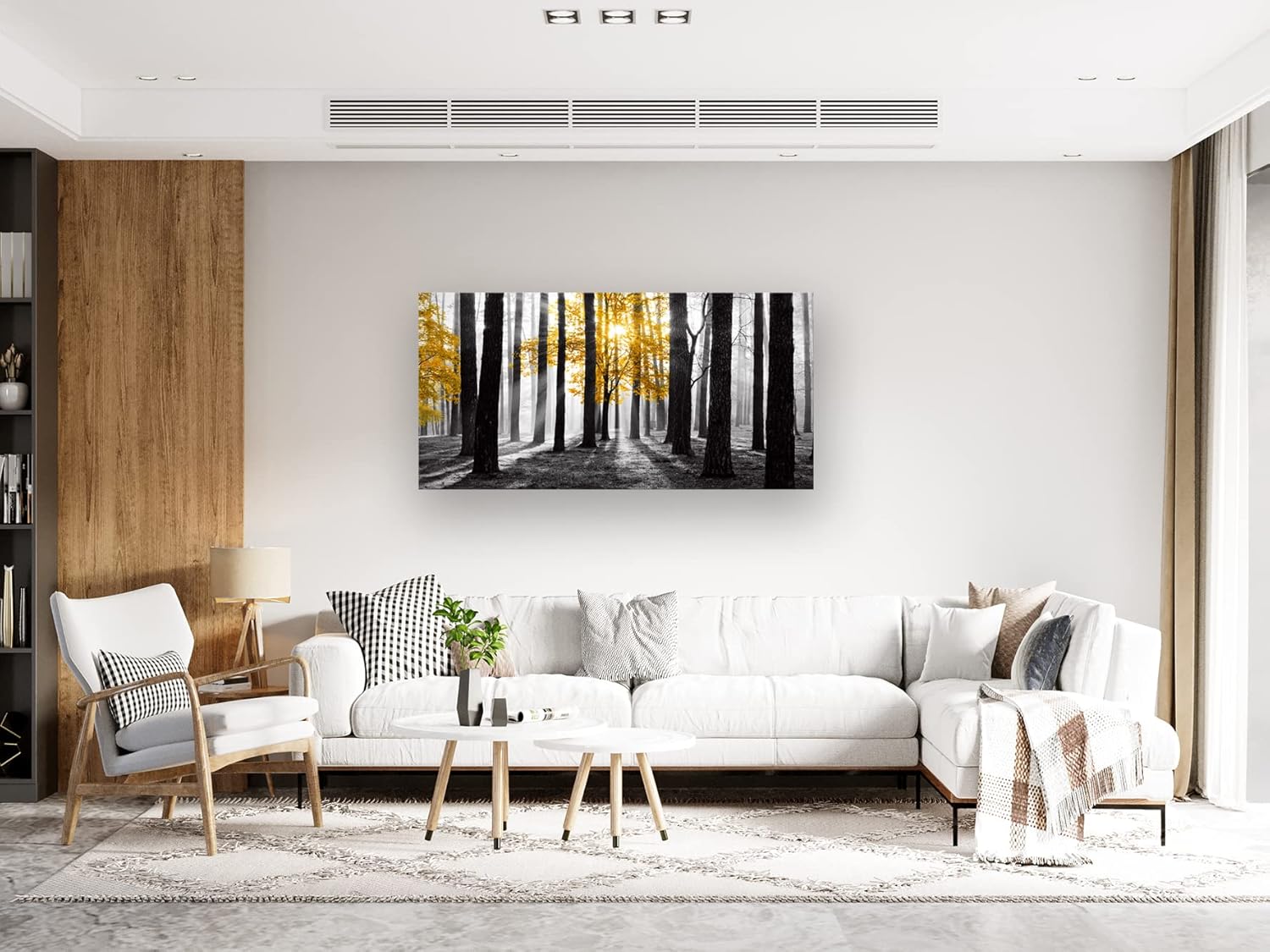 Cao Gen Decor Art S06350 Wall Art Canvas Painting Yellow Tree in Black and White Sunshine Foggy Forest Picture Poster Print Framed Ready to Hang for Living Room Bedroom Office Home Decor