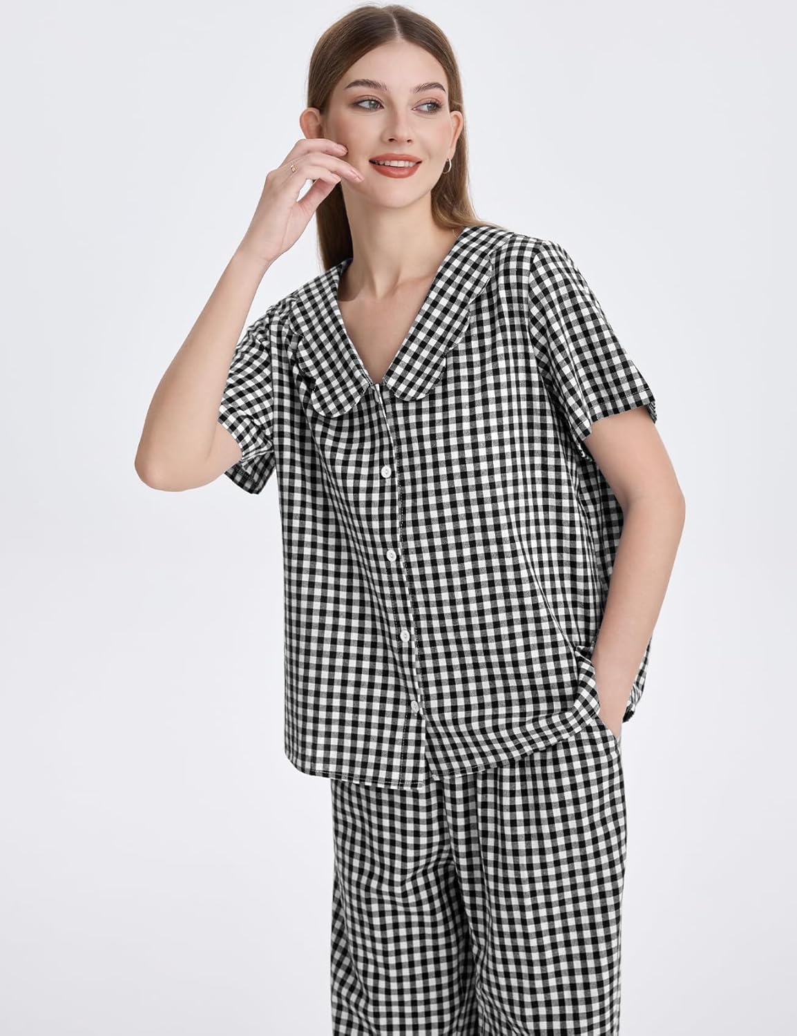 Flygo Womens Gingham Pajamas Set Cotton 2 Piece Pj Set Scalloped Collar Babydoll Shirt Pants Plaid Y2K Lounge Sets - Image 3