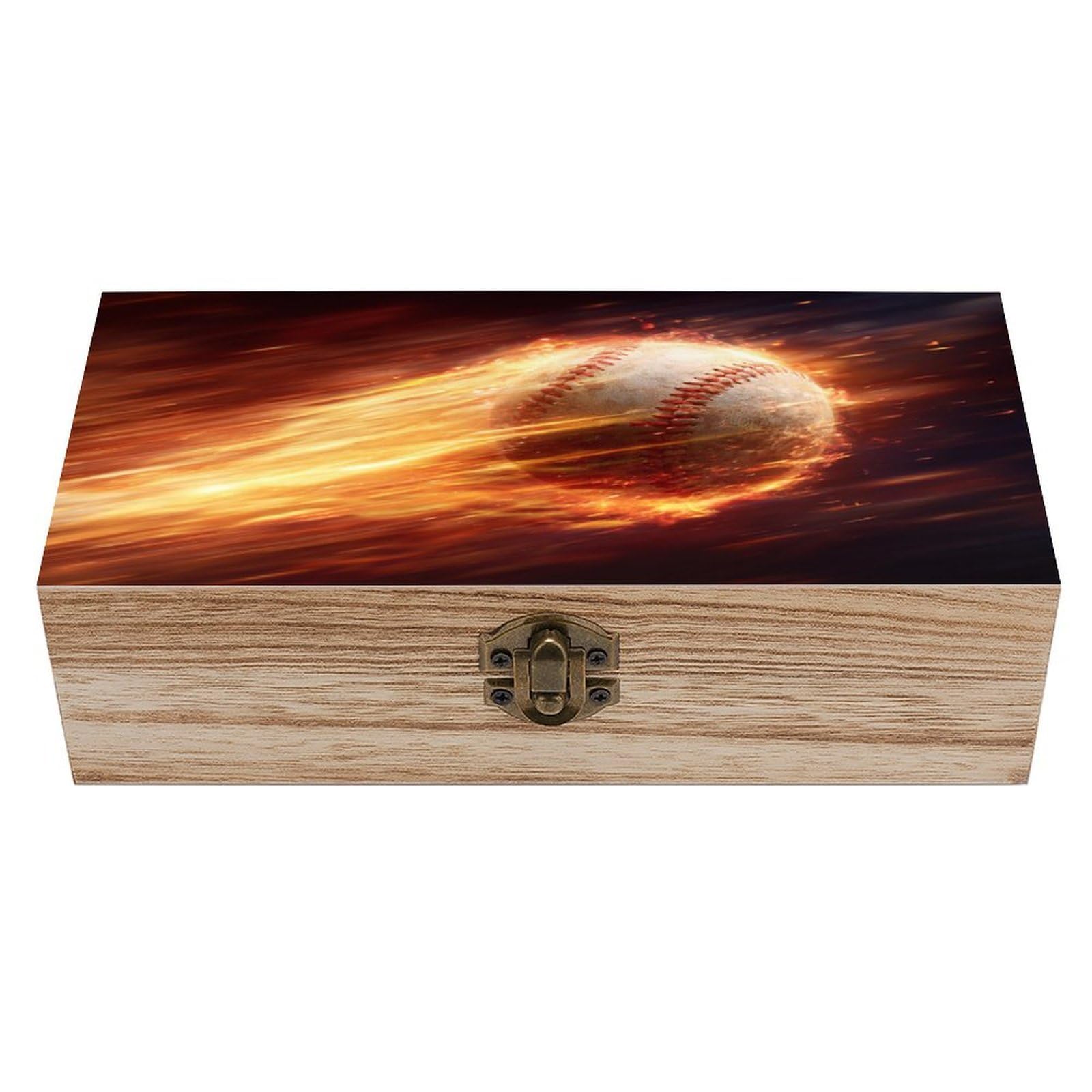 asbwuo Baseball Hitting with Flames Wooden Storage Box with Hinged Lid