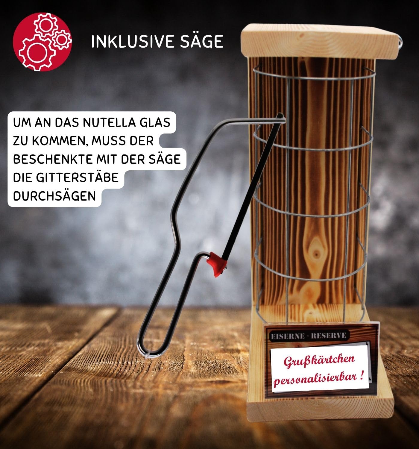 Personalisierte Geschenke für Männer Frauen Geschenkidee mit Namen - Eiserne Reserve Gitter Text rot Nutella (1 x 450 g) incl. Notsäge - Papa Mama Geburtstag Hochzeit
