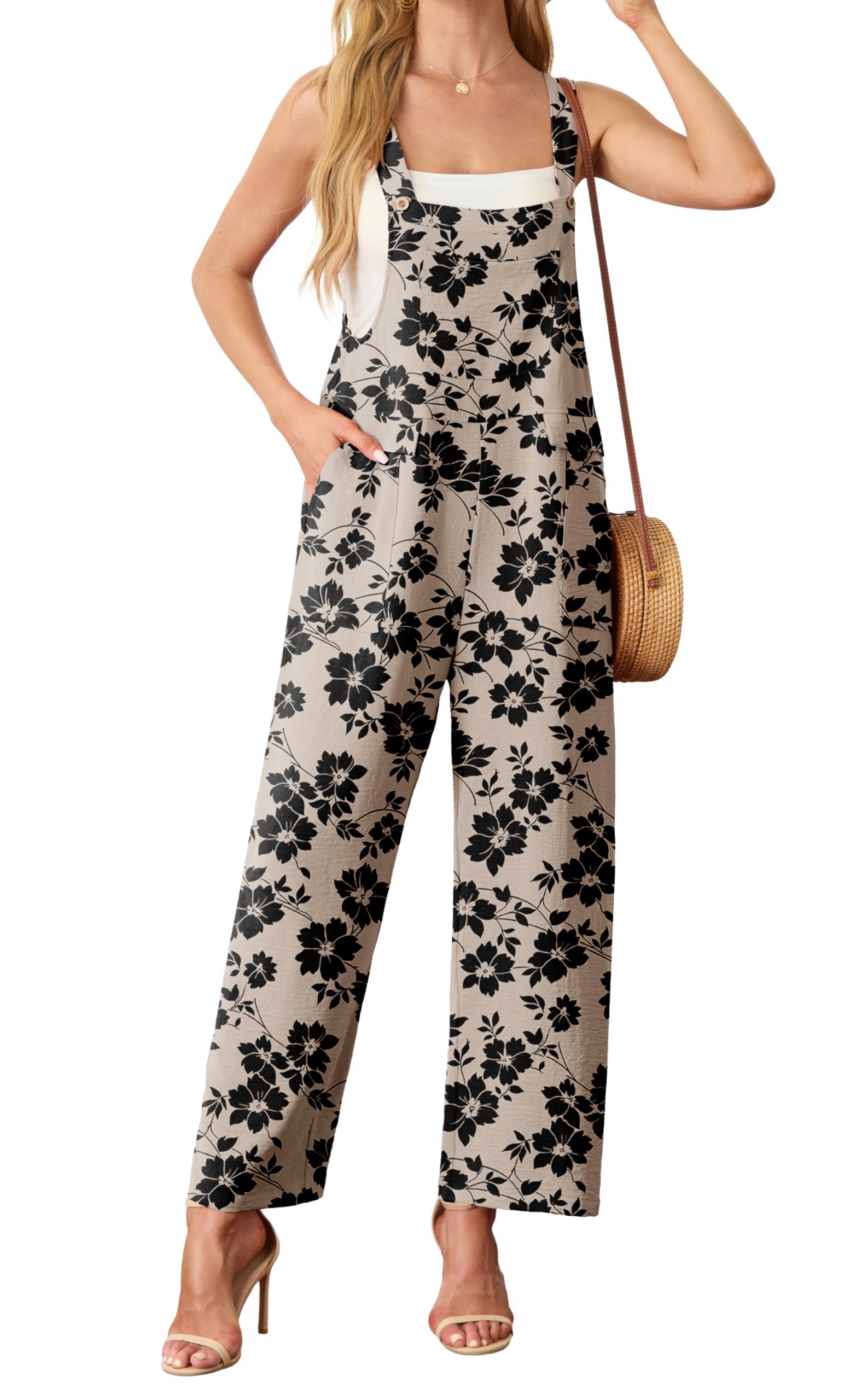 HiMONE Women Summer Loose Fit Boho Wide Leg Jumpsuit Sleeveless Overalls With Pockets Casual Romper