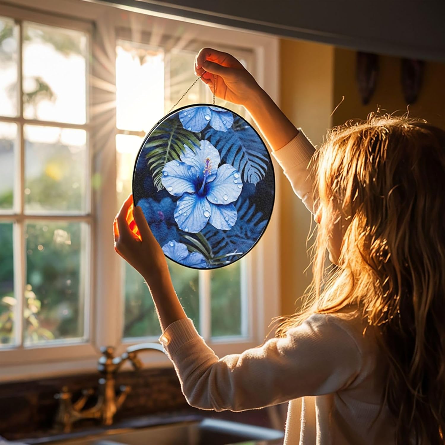 Stained Glass Window Hanging 12in（30cm）, Blue Flower Tropical Sun Catchers Indoor Window, Stained Glass Suncatcher Ornament with Metal Chain, Wall Art Home Decor Gift for Women Mother's Day
