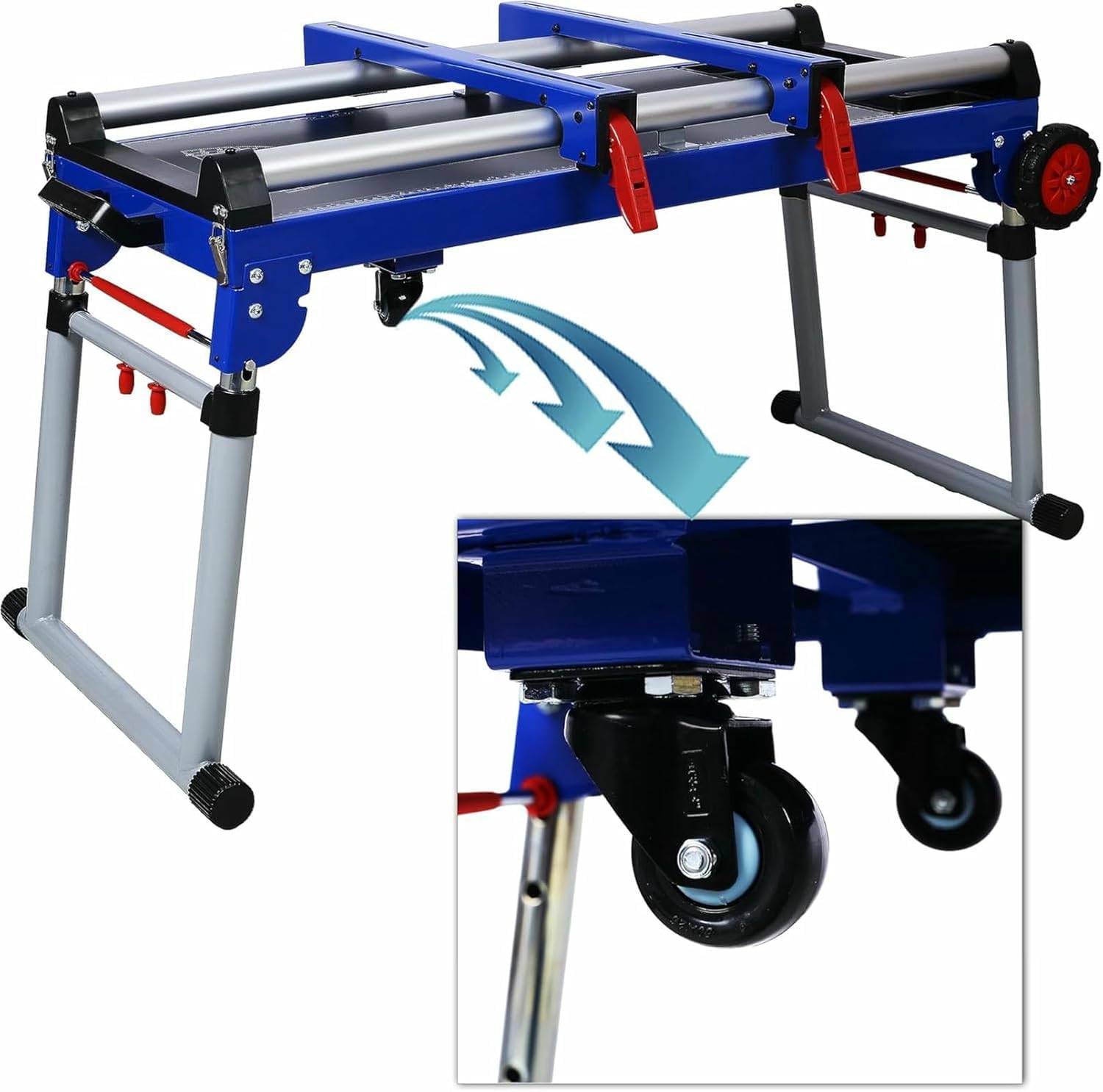 Soporte para sierra ingletadora, banco de trabajo plegable, estación de reparación portátil con andamio desmontable, plataforma rodante, bandeja de herramientas, altura ajustable