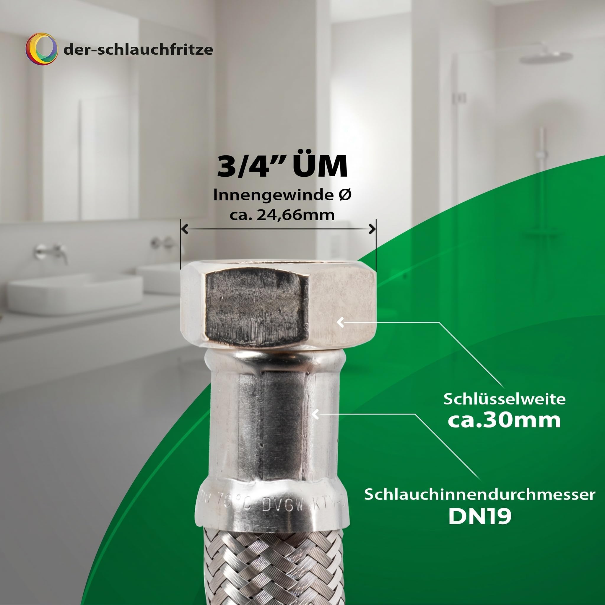 Tubo corazzato 3/4" ÜM x 3/4" ÜM, DN19, approvato per acqua potabile, 1,2 m | Tubo flessibile in acciaio inox, in HDPE, PN10, prodotto in Germania, per impianti di acqua potabile e impianti sanitari