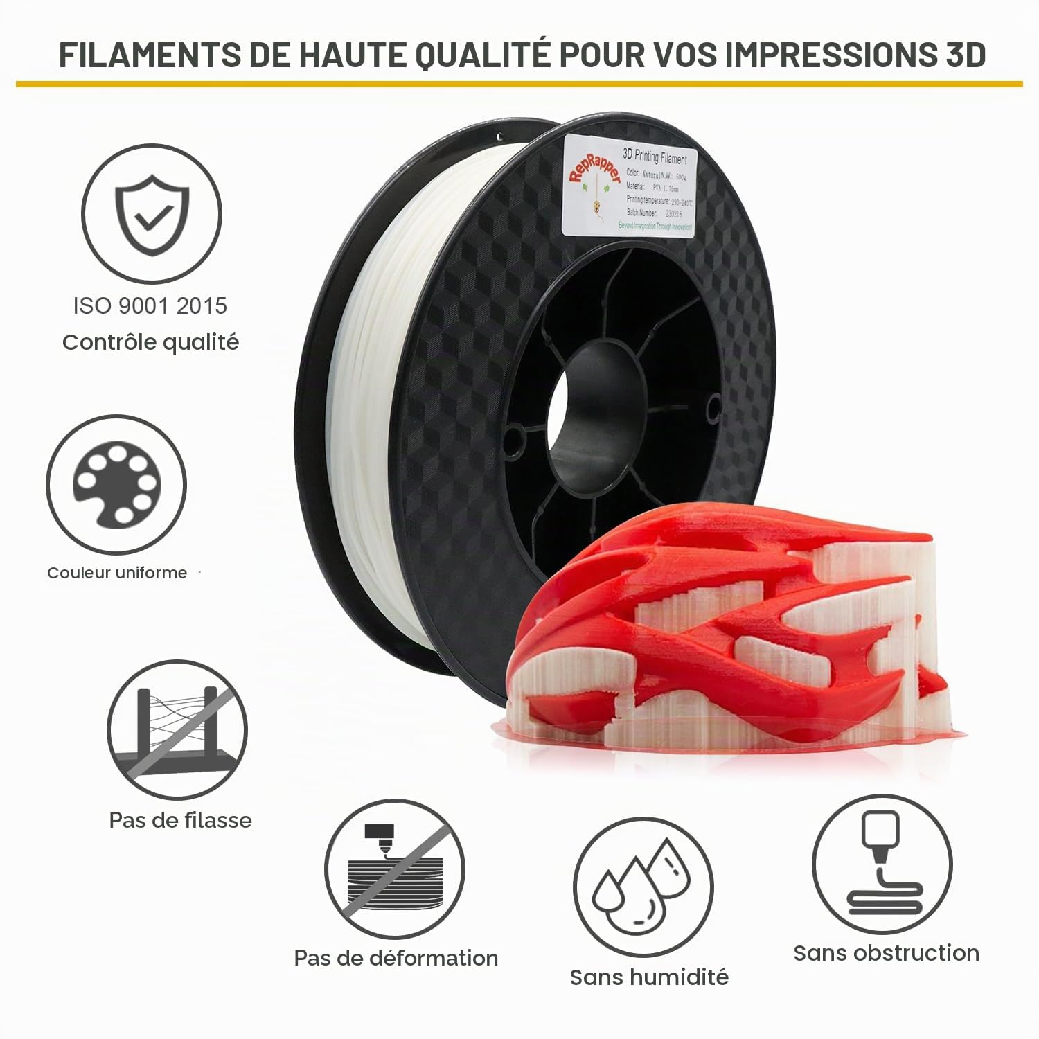 RepRapper Filament PVA 1,75 mm soluble dans l'eau pour imprimante 3D, bobine de 500 g (1,1 lb) couramment utilisée comme matériau de support, Naturelle.