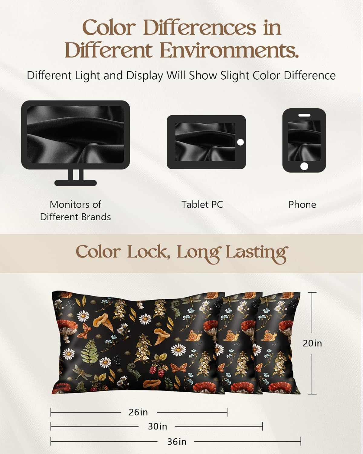 Miss Adola Silk Pillowcase 2 Pack - Pillow Cases 20" x 36" King Size Set of 2 for Hair and Skin Smooth Soft Breathable with Hidden Zipper Cooling Pillow Covers for Sleeping, Mushroom Plants