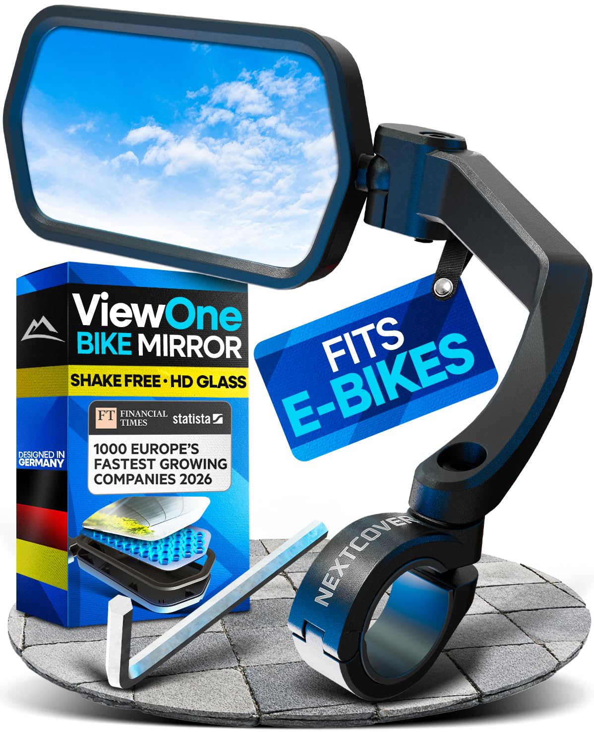 Nextcover® Bike Mirror Handlebar Mount (Left) – HD Glass | Secure &amp; Shake-Free Bicycle Rear View Mirror for EBikes, Mountain Bikes &amp; Scooters – Wide Angle Safety, Bicycle Mirrors