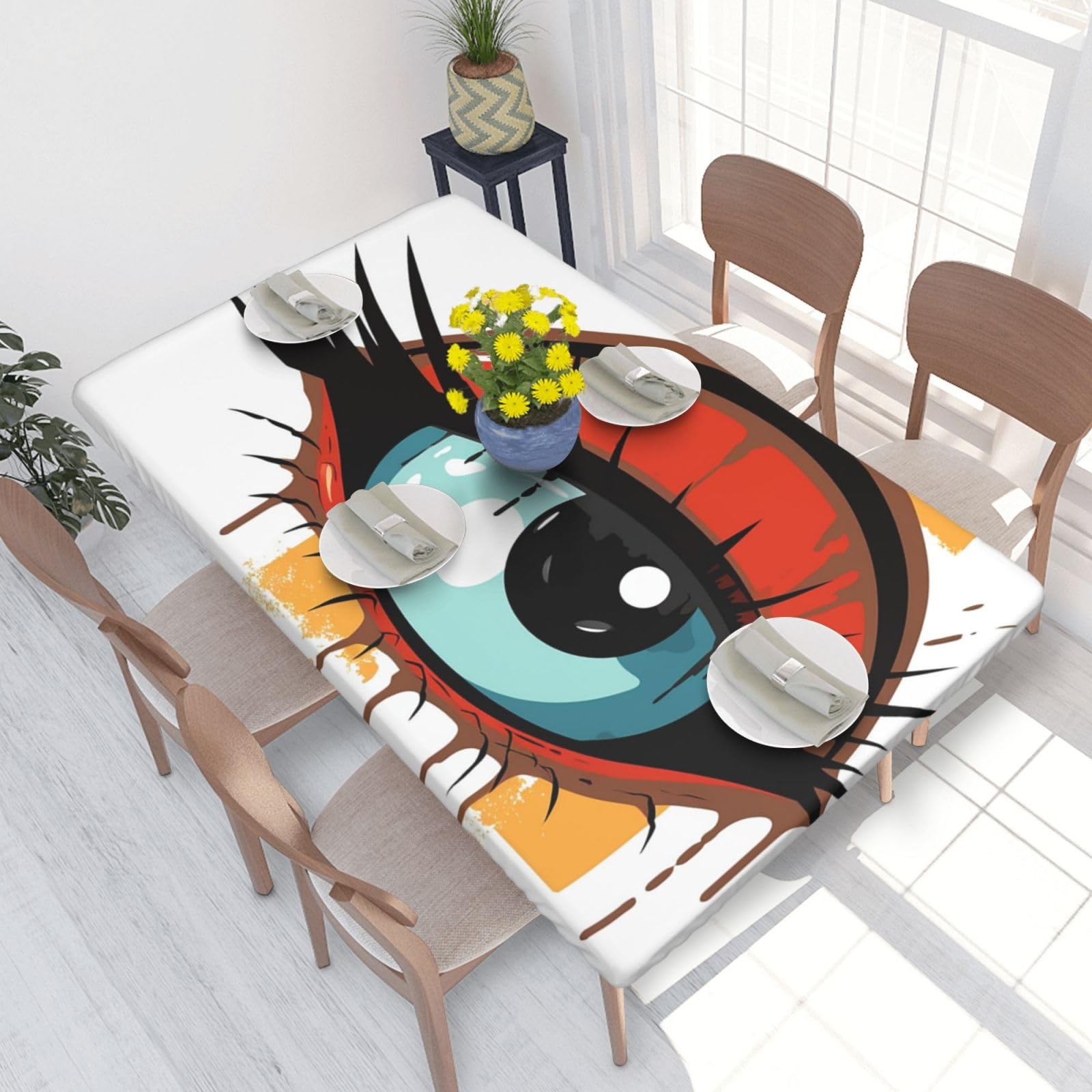 Cartoon Eye Waterproof Square Table Cover Elastic Fitted Tablecloth Oil Proof Table Protector For 4ft Table
